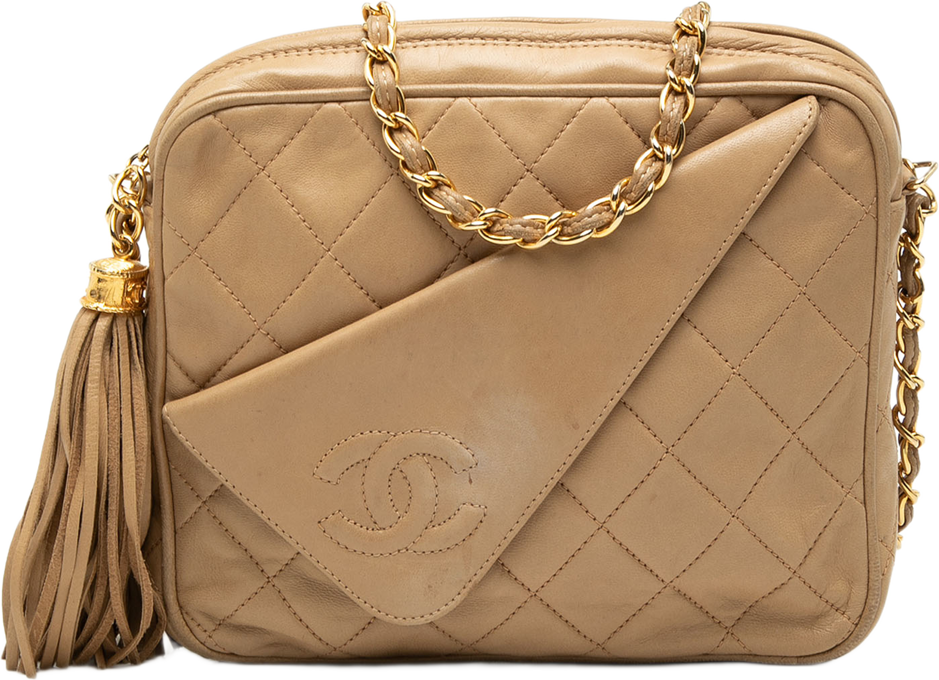 Chanel Mini Cc Quilted Lambskin Tassel Camera Bag, från Luxclusif, i färgen beige. Klicka för att öppna bilden i stort format
