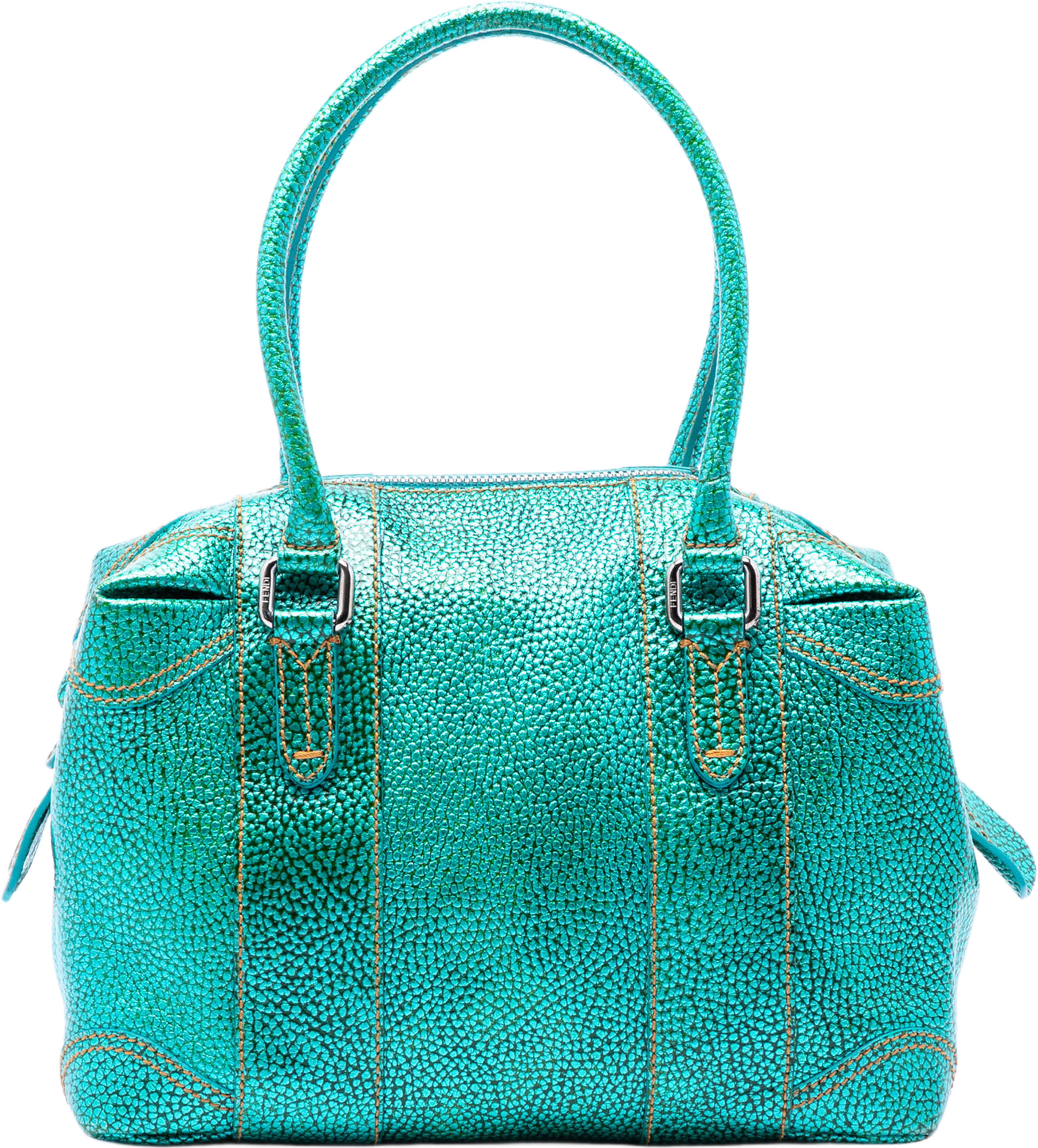Fendi Metallic Pebbled Leather Mixed Media Boston Bag, från Luxclusif, i färgen green. Klicka för att öppna bilden i stort format