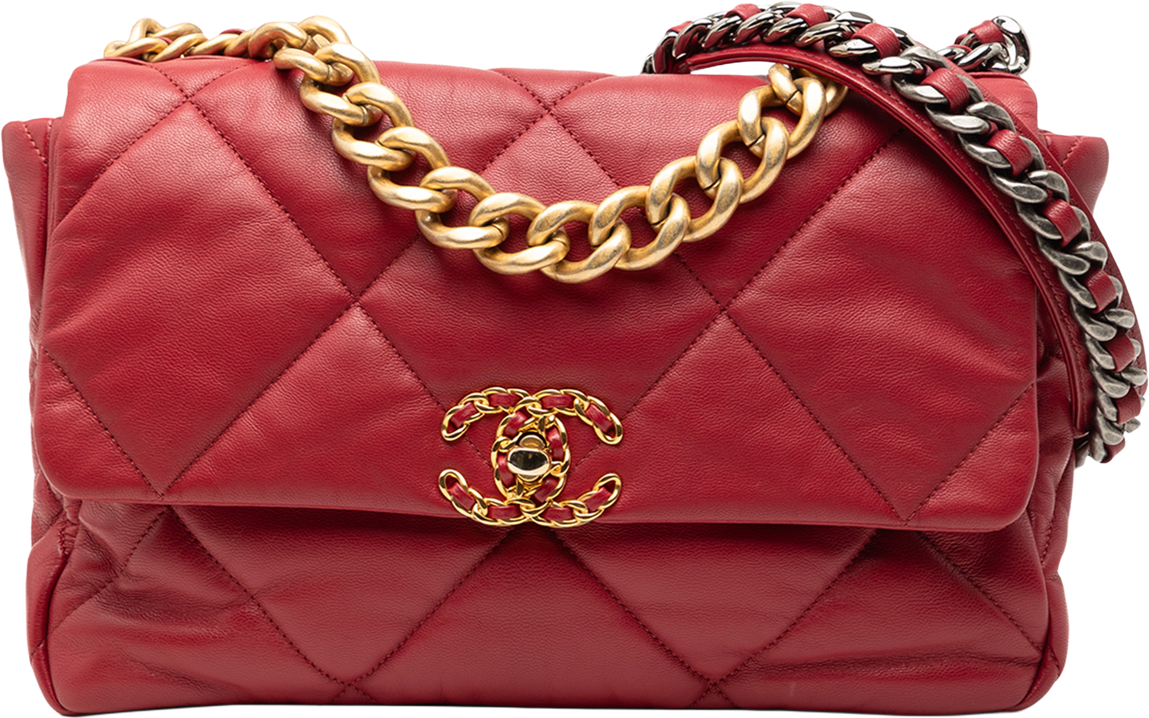 Chanel Large Lambskin 19 Flap, från Luxclusif, i färgen dark red. Klicka för att öppna bilden i stort format