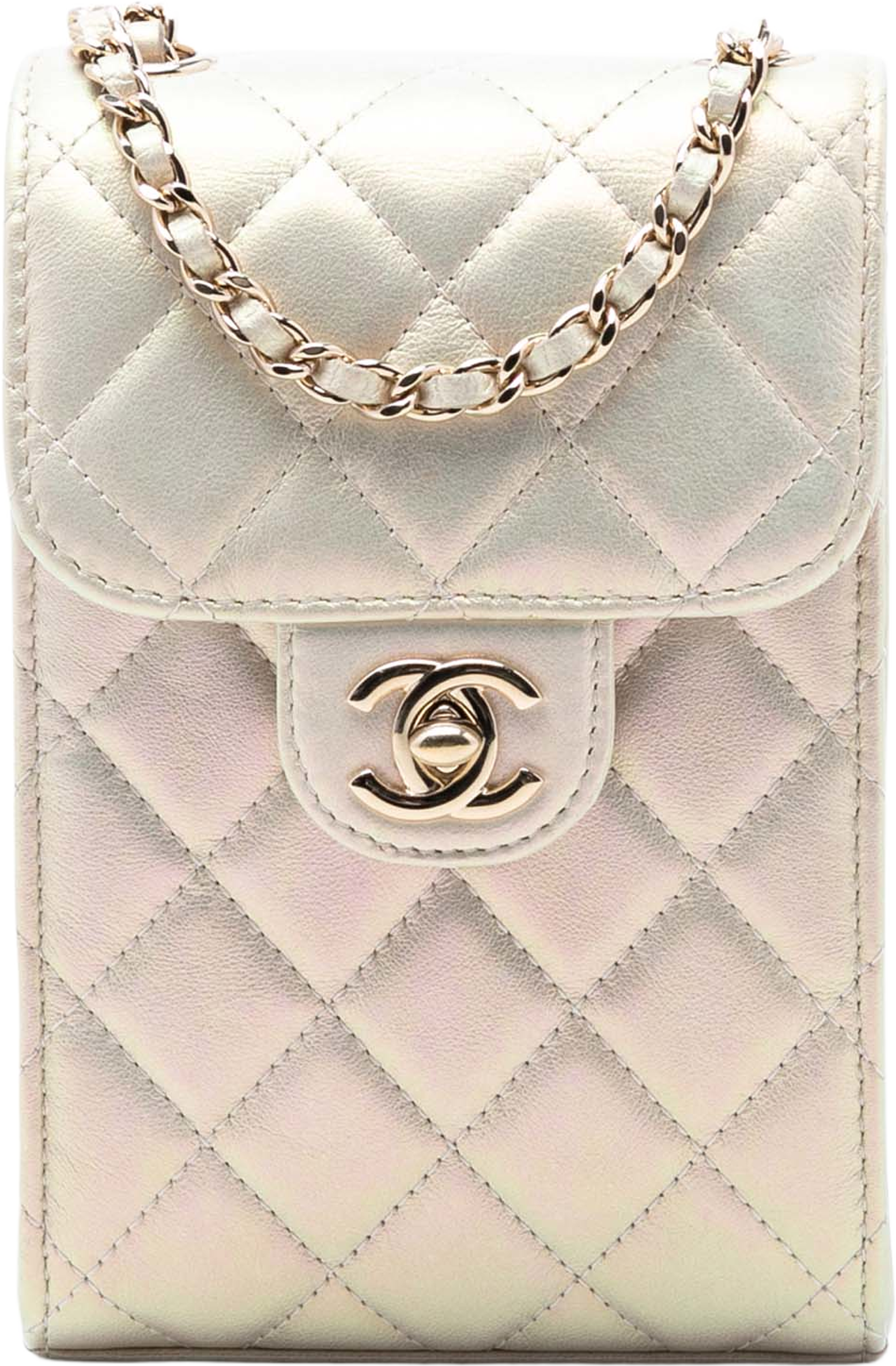 Chanel Cc Quilted Iridescent Lambskin Phone Holder With Chain, från Luxclusif, i färgen pearl. Klicka för att öppna bilden i stort format