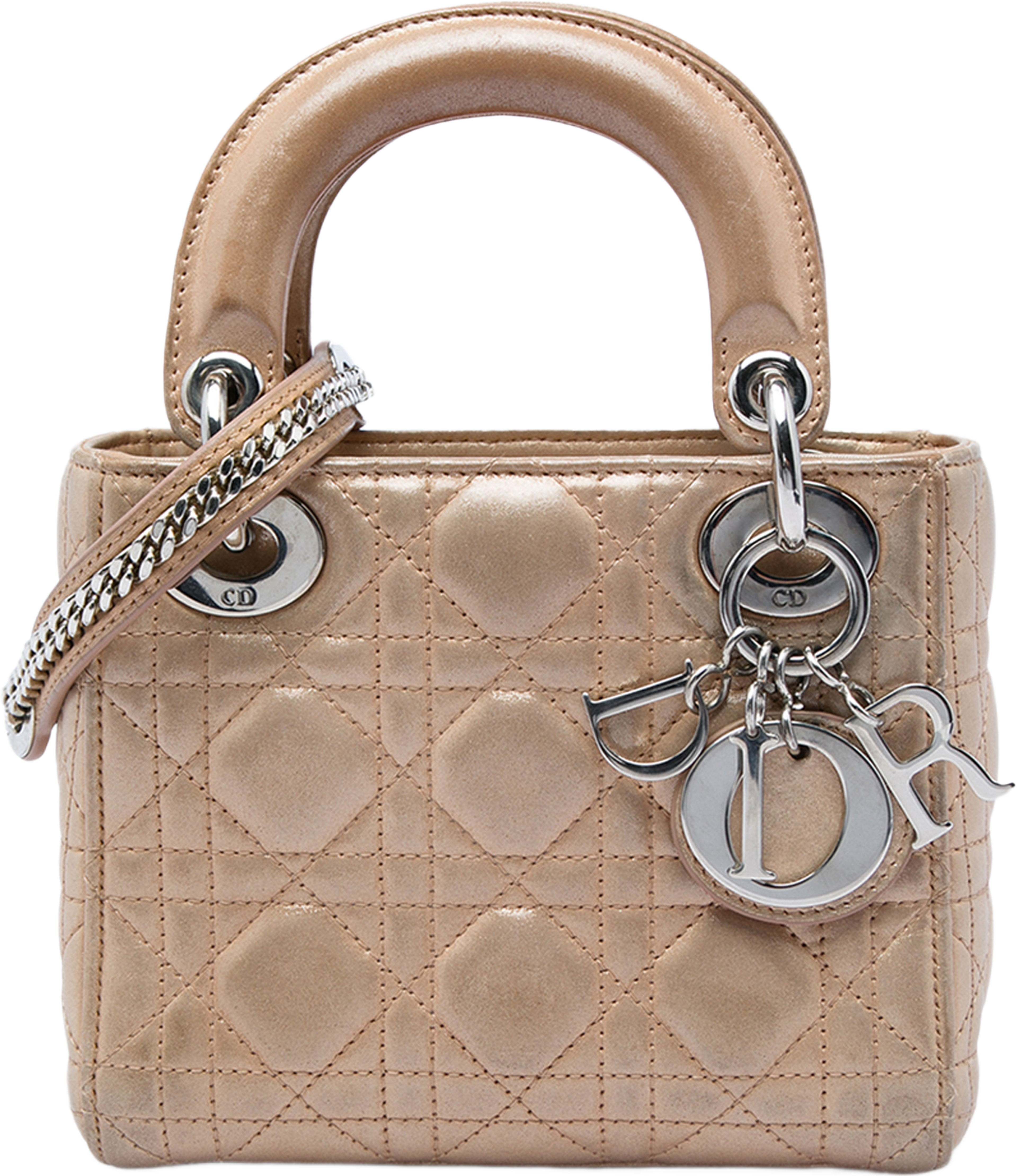 Dior Mini Iridescent Lambskin Cannage Lady Dior, från Luxclusif, i färgen beige. Klicka för att öppna bilden i stort format