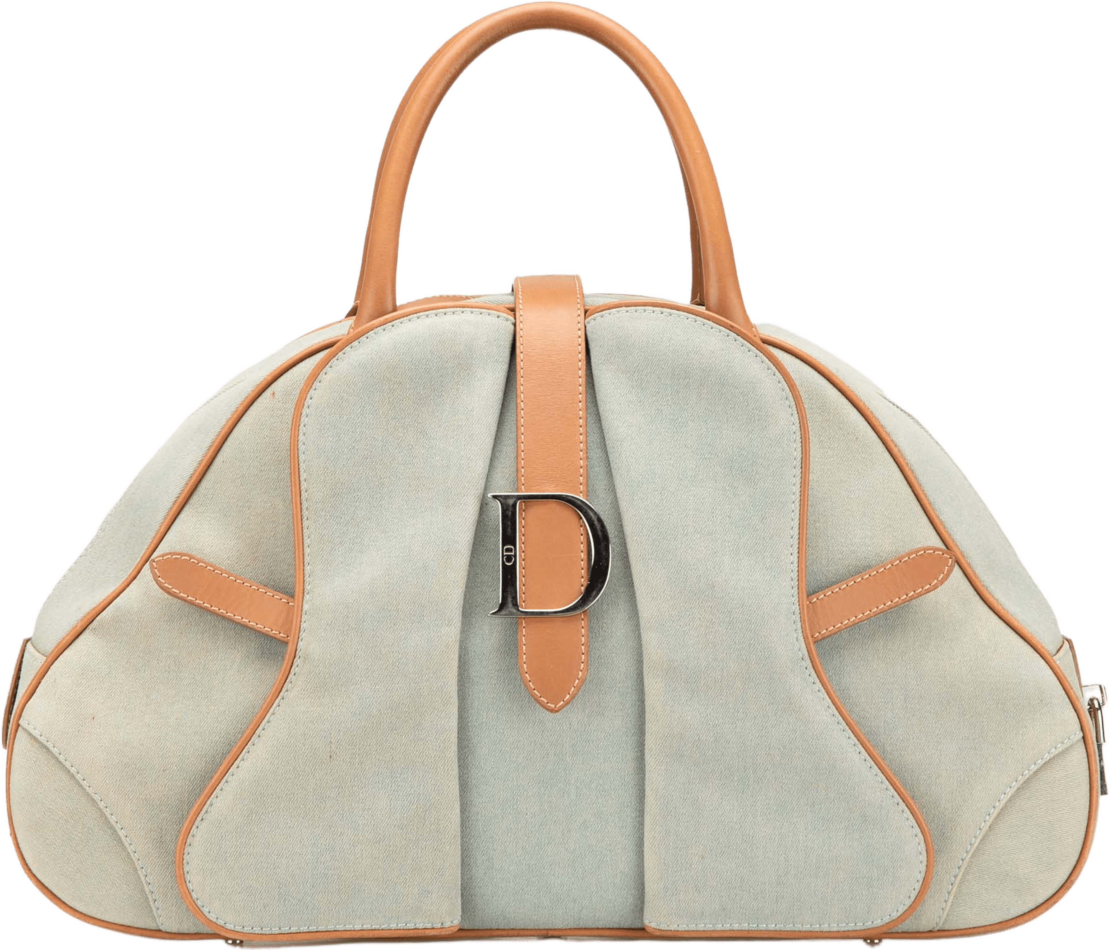 Dior Denim Double Saddle Bowler Bag, från Luxclusif, i färgen light blue. Klicka för att öppna bilden i stort format