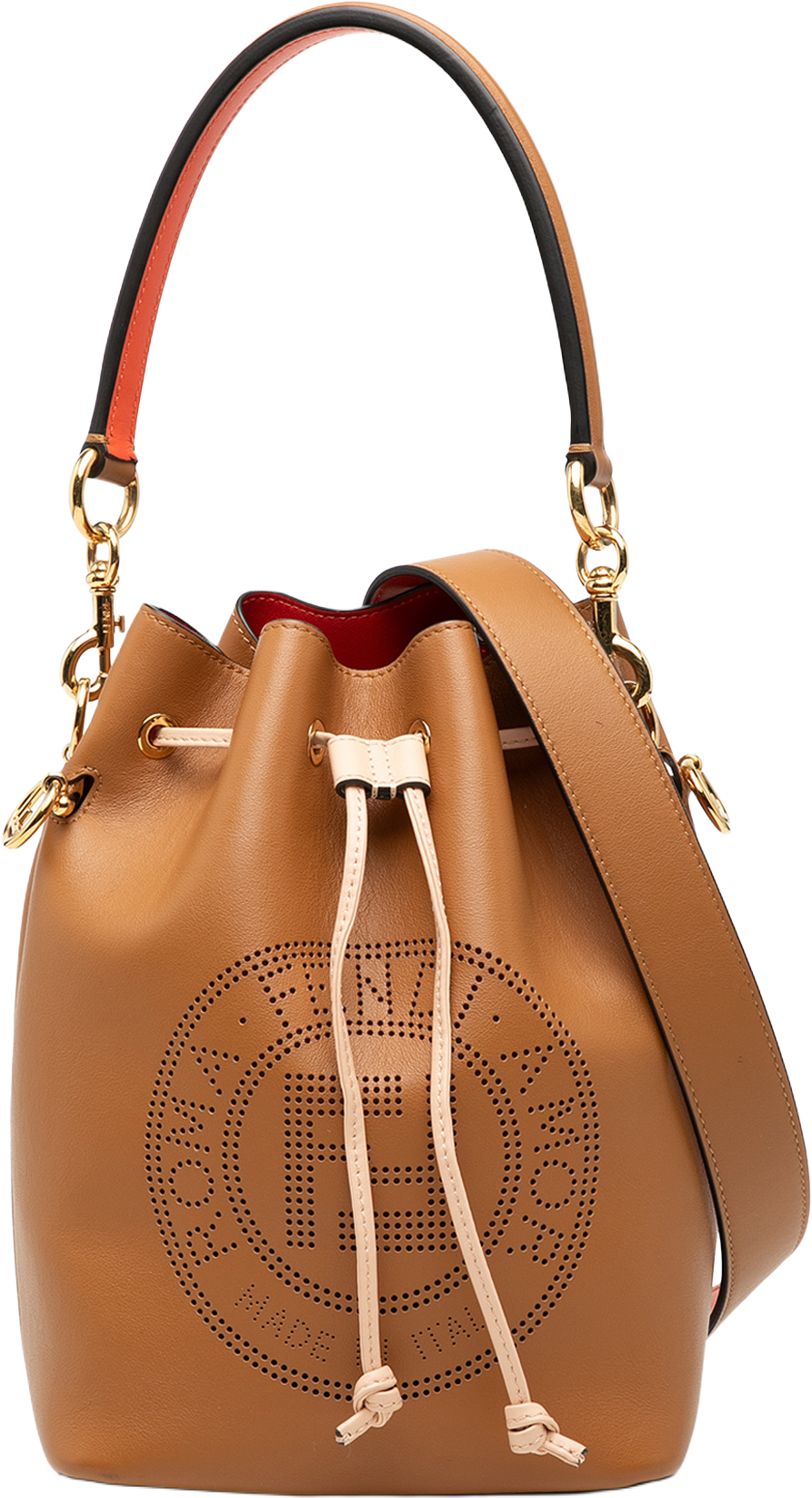 Fendi Small Perforated Leather Mon Tresor Bucket Bag, från Luxclusif, i färgen camel. Klicka för att öppna bilden i stort format