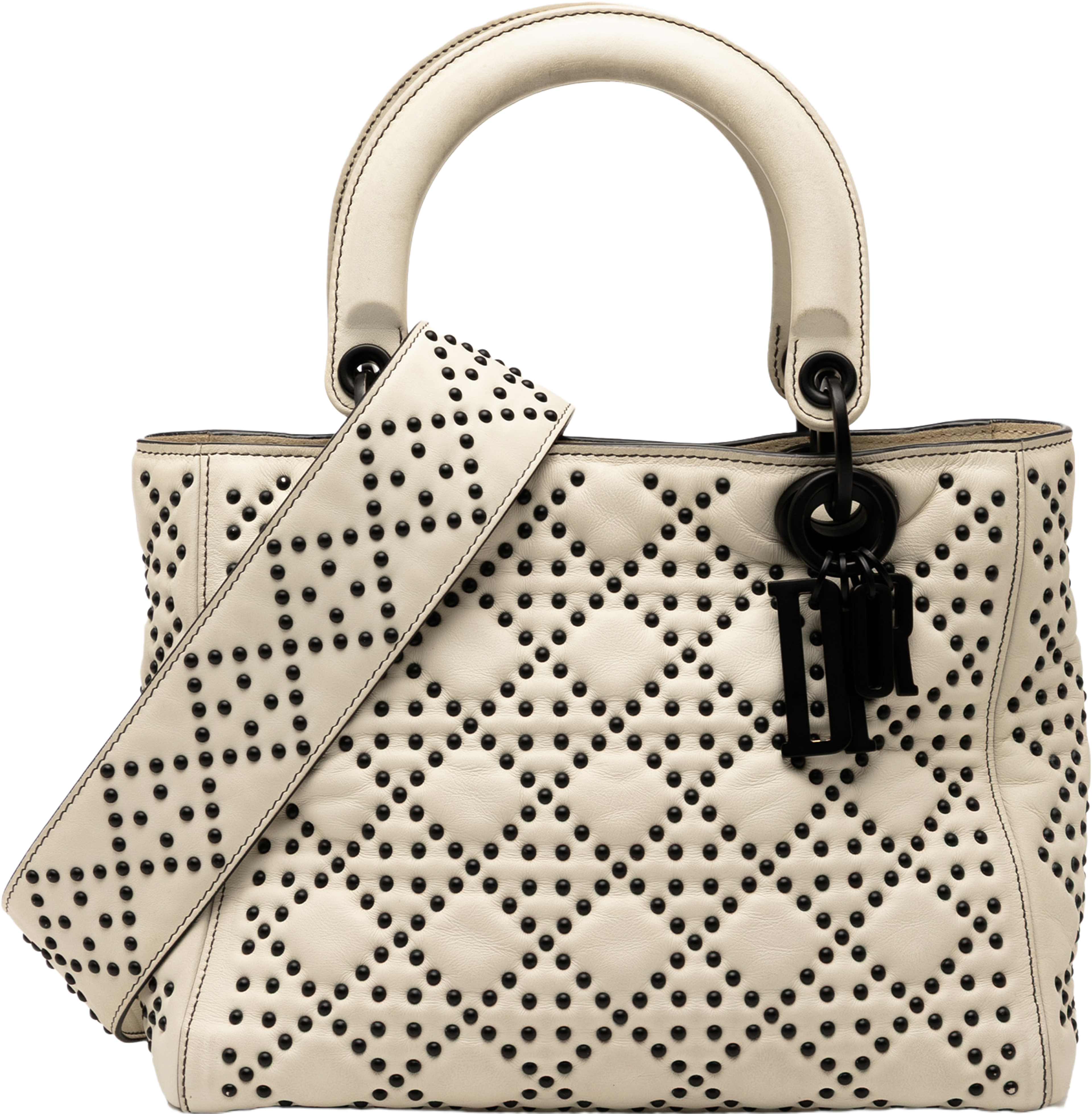 Dior Medium Lambskin Cannage Studded Supple Lady Dior, från Luxclusif, i färgen white. Klicka för att öppna bilden i stort format