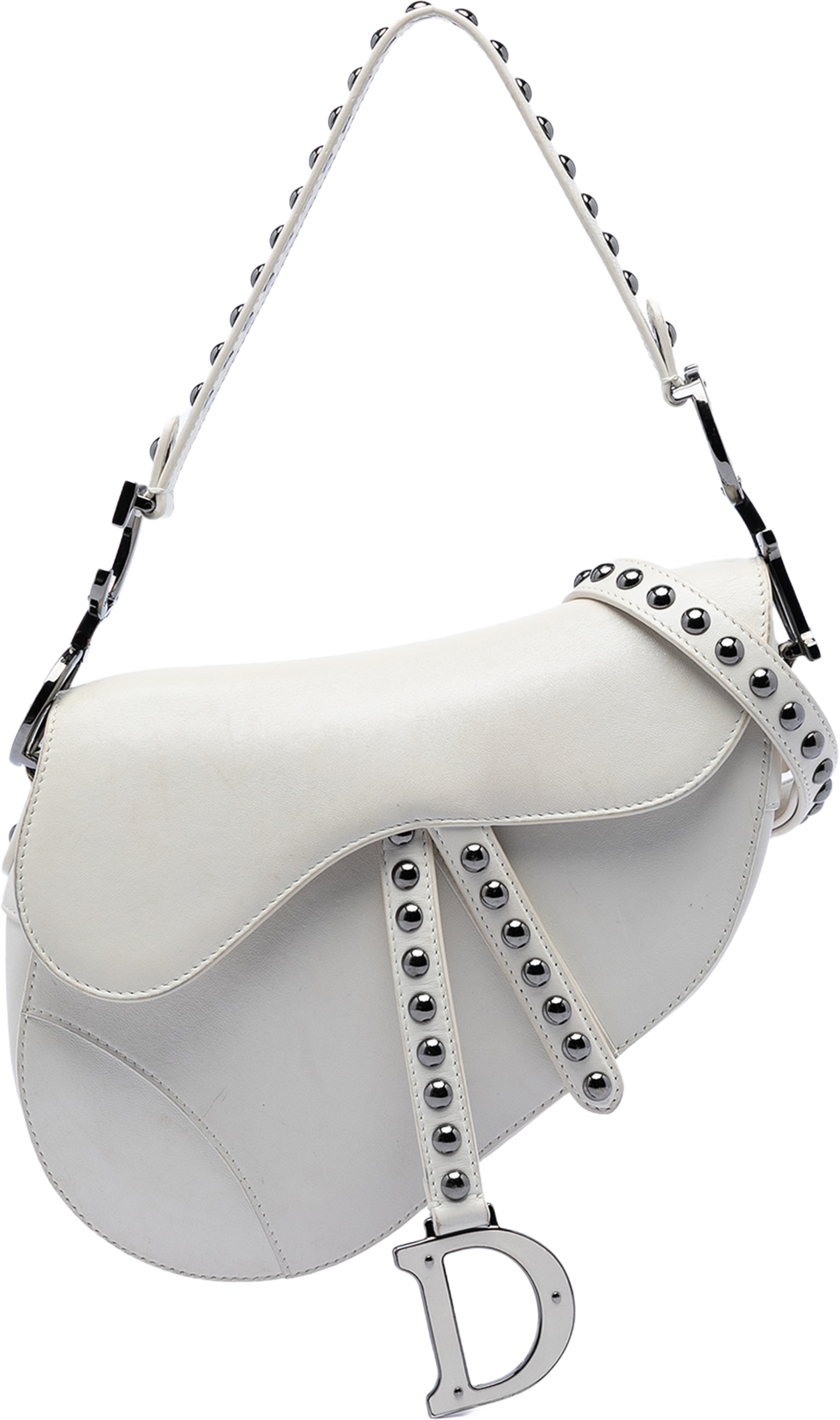 Dior Studded Leather Saddle Bag, från Luxclusif, i färgen white. Klicka för att öppna bilden i stort format