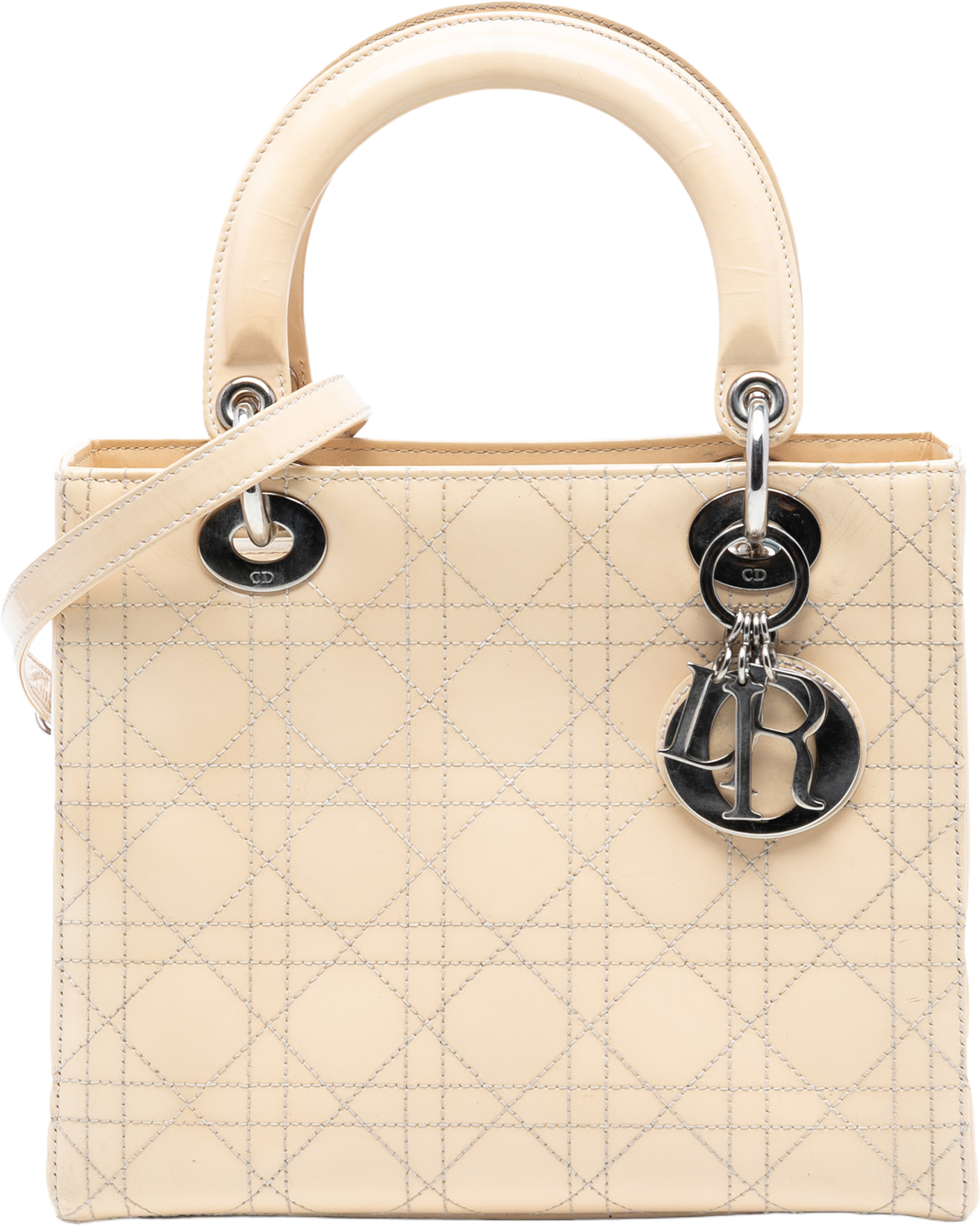 Dior Medium Patent Cannage Stitched Lady Dior, från Luxclusif, i färgen light beige. Klicka för att öppna bilden i stort format