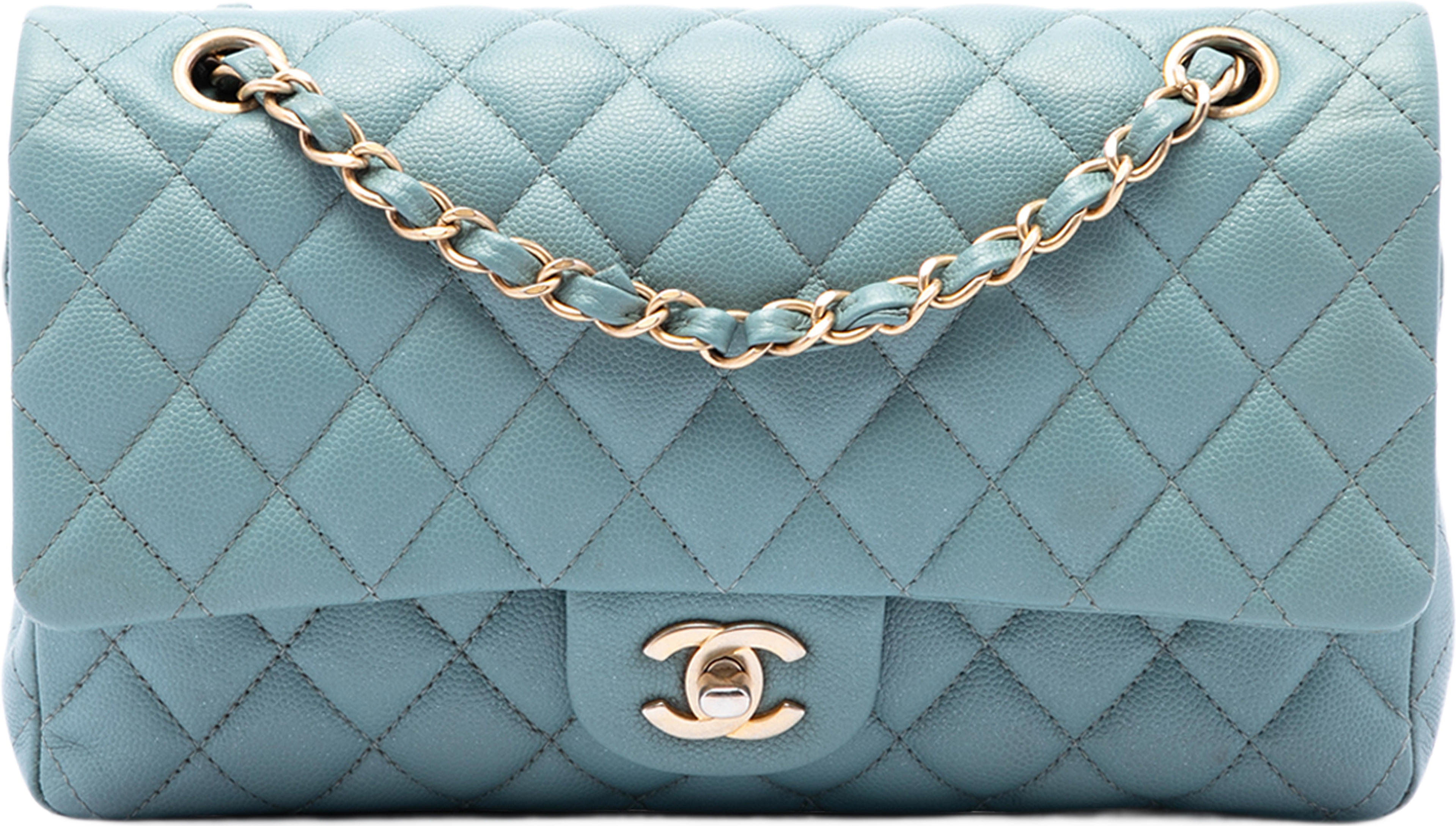 Chanel Medium Classic Iridescent Caviar Double Flap, från Luxclusif, i färgen blå. Klicka för att öppna bilden i stort format