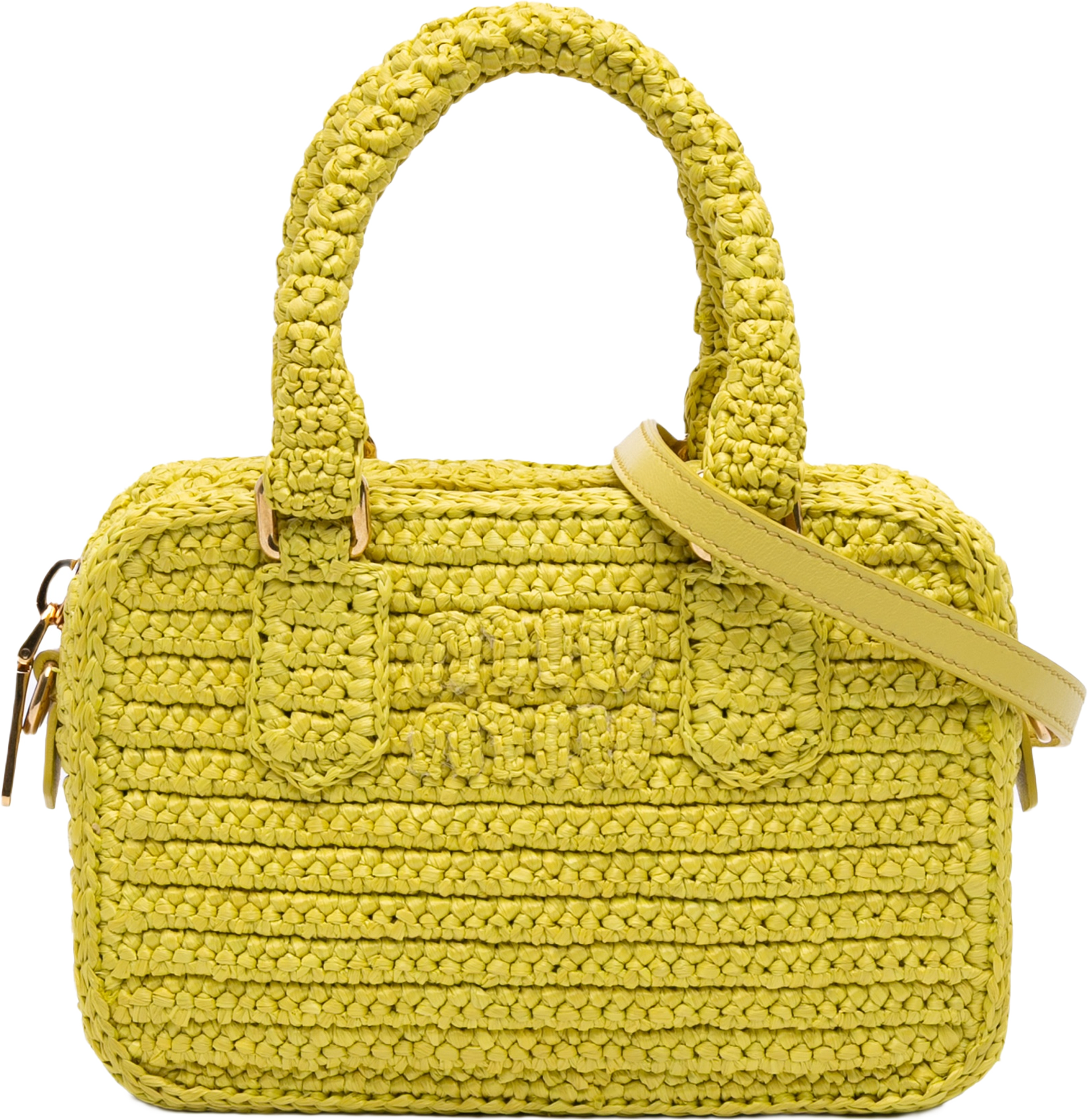 Miu Miu Raffia Crochet Arcadie Top Handle Bag, från Luxclusif, i färgen yellow. Klicka för att öppna bilden i stort format