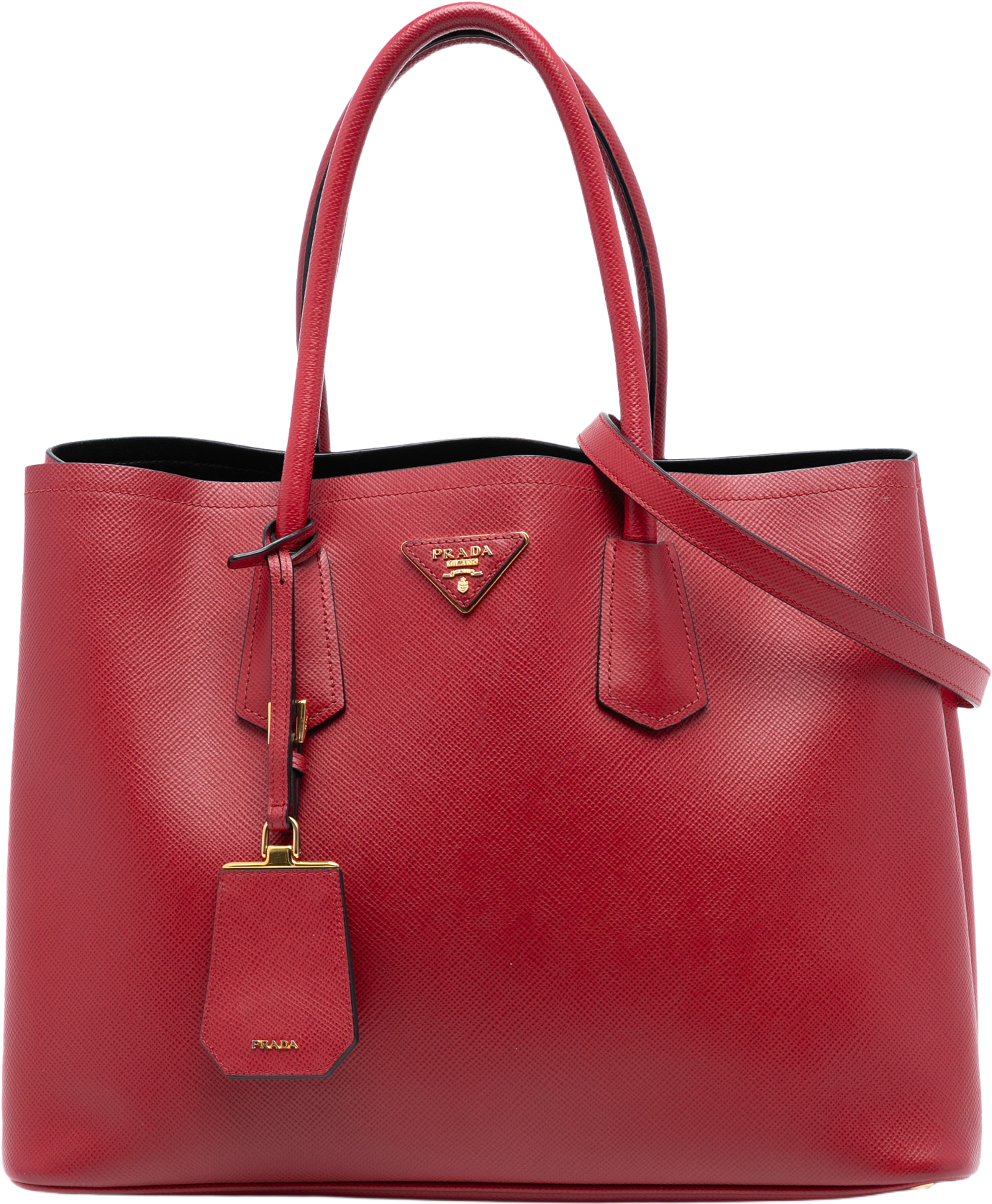 Prada Medium Saffiano Cuir Double Satchel, från Luxclusif, i färgen red. Klicka för att öppna bilden i stort format