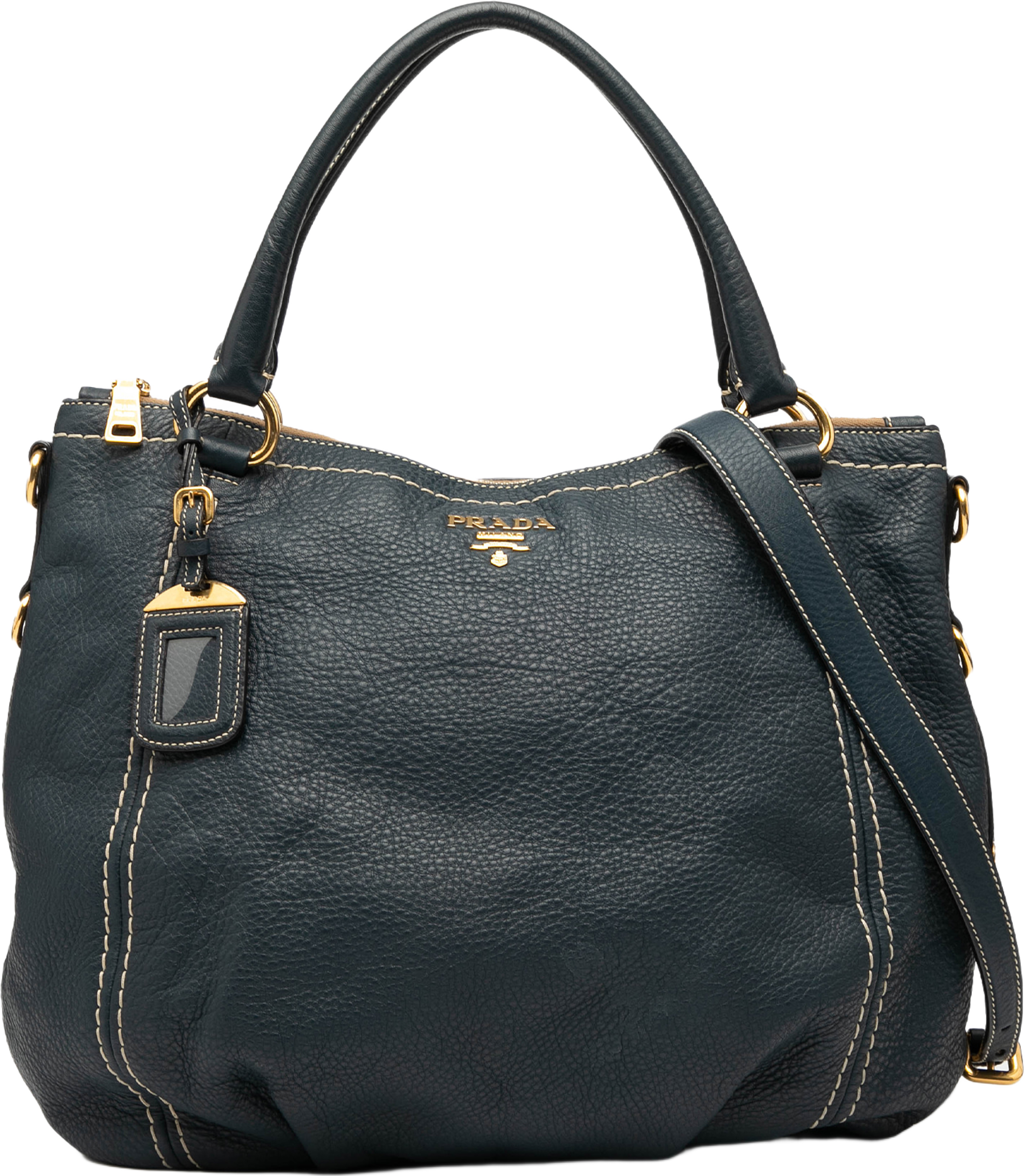 Prada Vitello Daino Zip Top Satchel, från Luxclusif, i färgen navy. Klicka för att öppna bilden i stort format