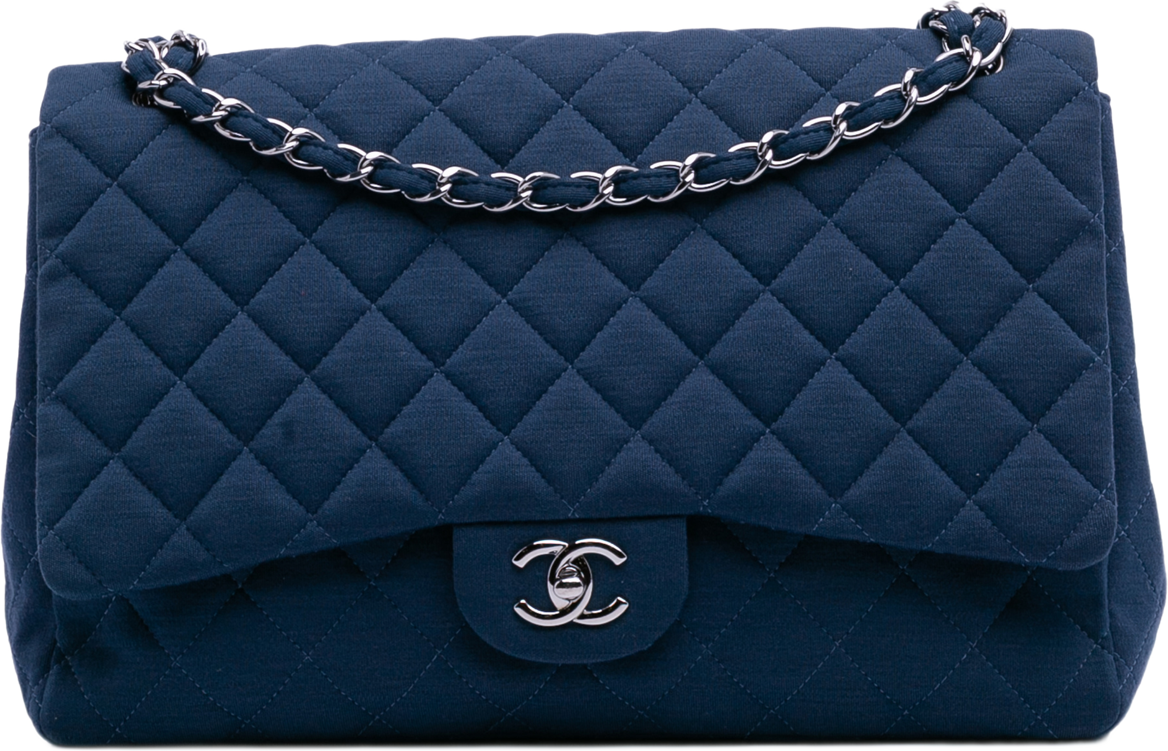Chanel Maxi Classic Jersey Single Flap, från Luxclusif, i färgen blå. Klicka för att öppna bilden i stort format
