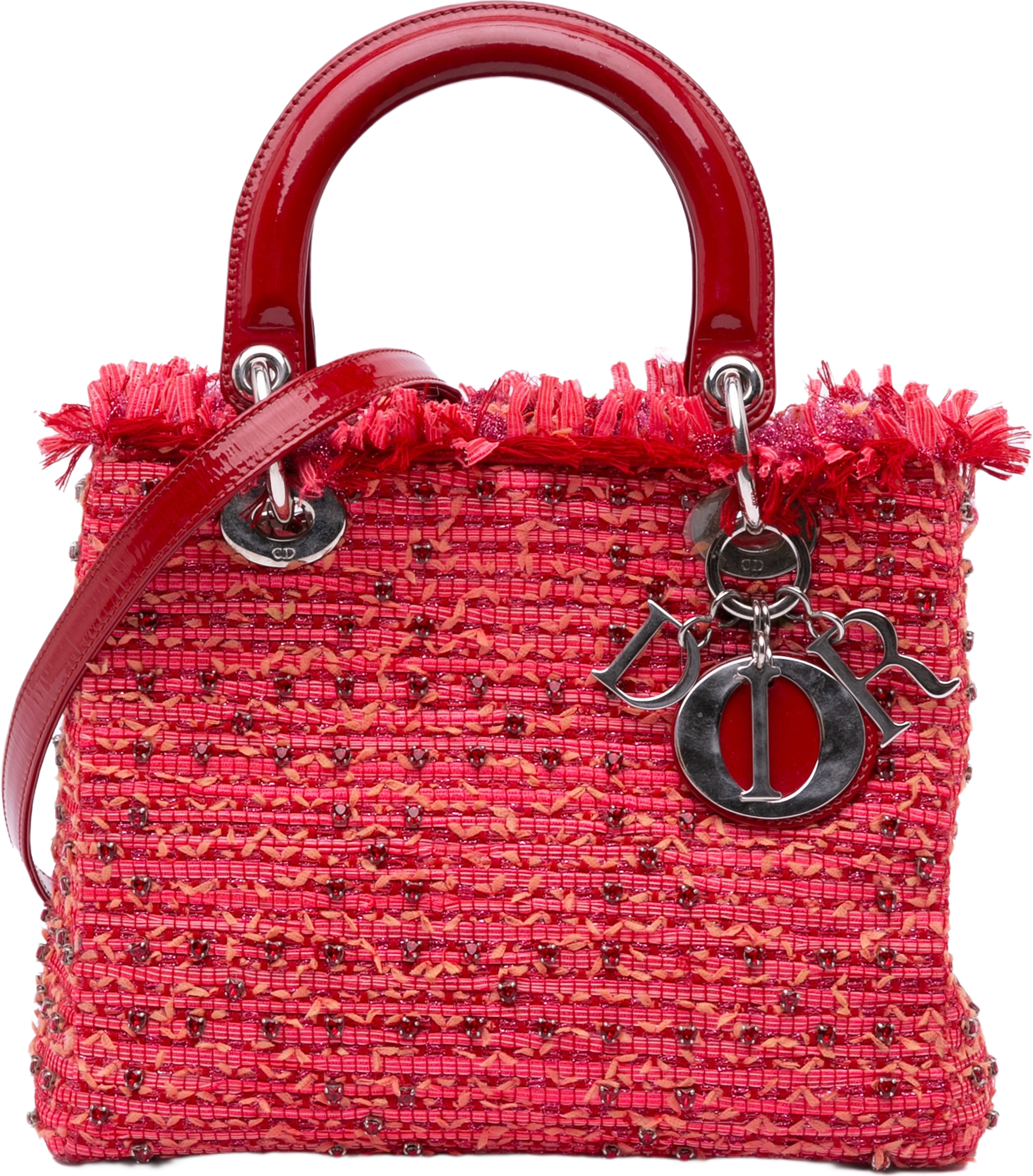 Dior Medium Tweed Fringe Rhinestone Lady Dior, från Luxclusif, i färgen red. Klicka för att öppna bilden i stort format