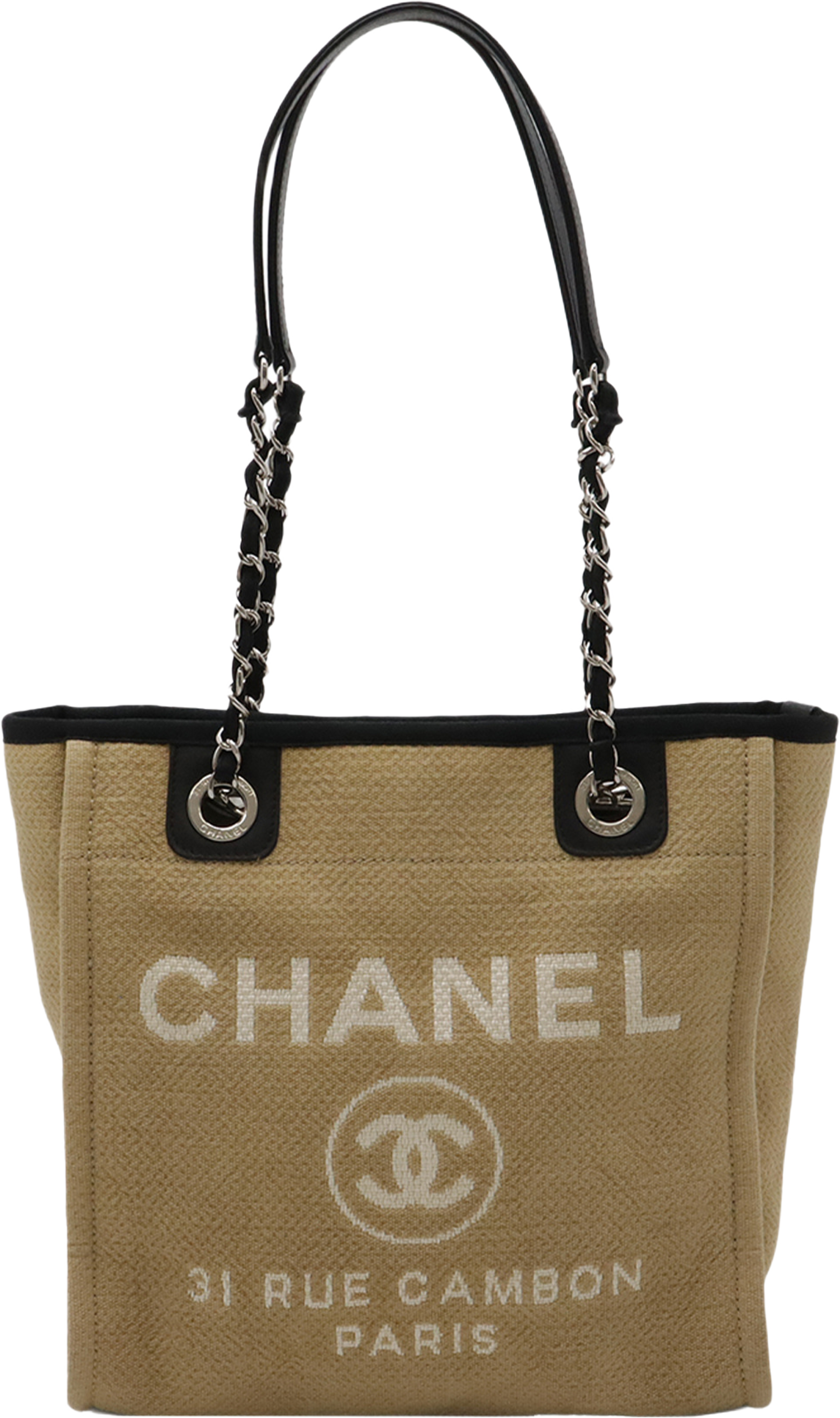 Chanel Mini Canvas Deauville Tote, från Luxclusif, i färgen beige. Klicka för att öppna bilden i stort format