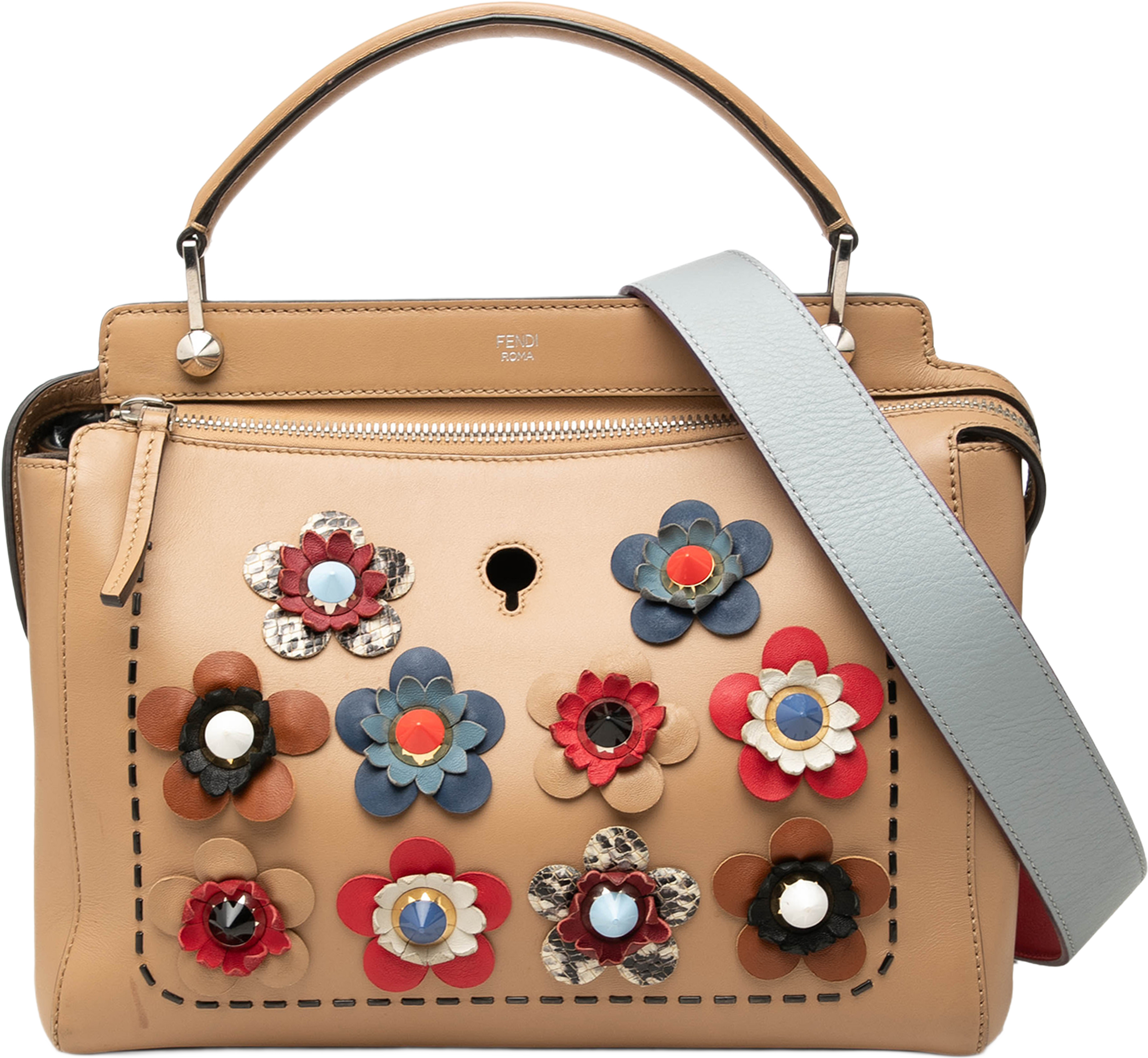 Fendi Medium Leather Flowerland Dotcom Satchel, från Luxclusif, i färgen brun. Klicka för att öppna bilden i stort format