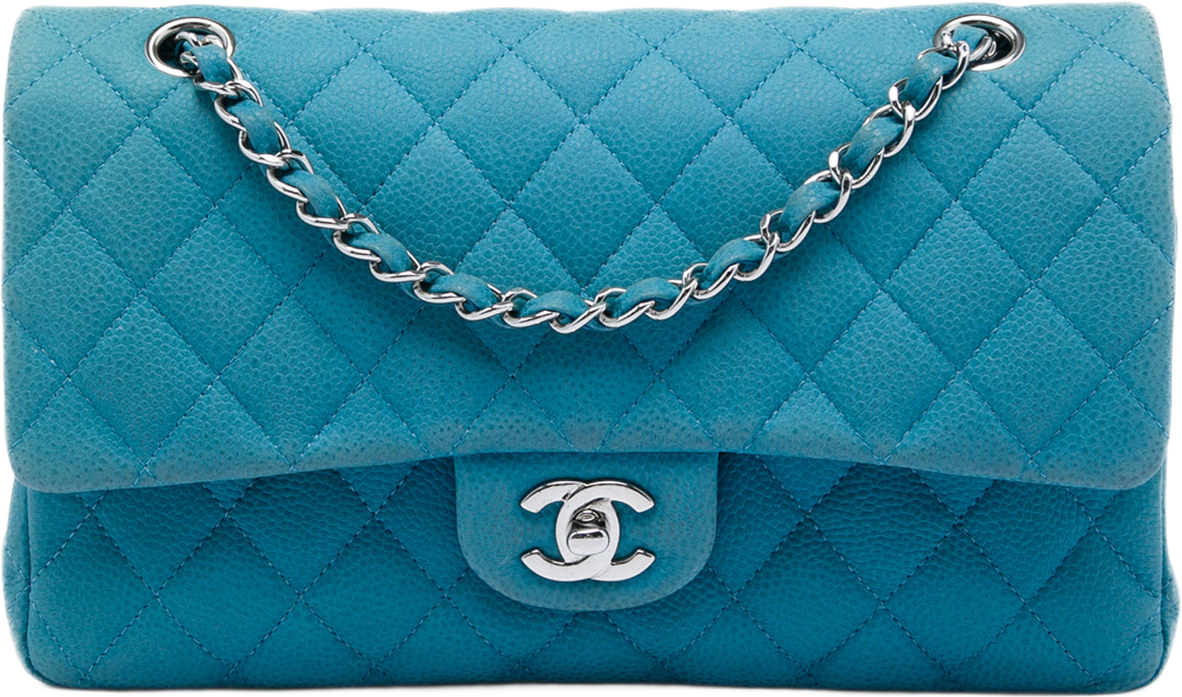 Chanel Medium Classic Caviar Double Flap, från Luxclusif, i färgen blå. Klicka för att öppna bilden i stort format