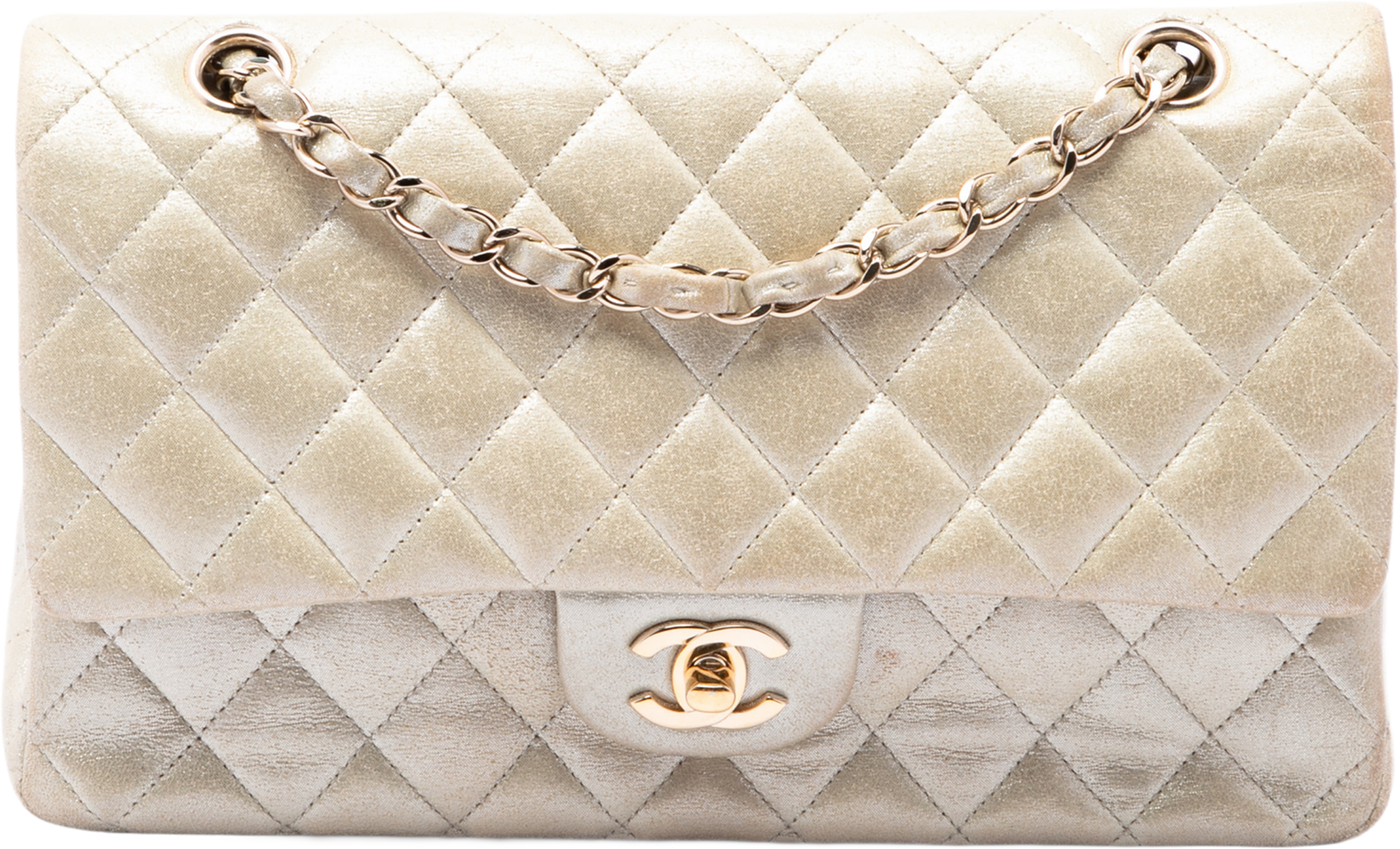 Chanel Medium Classic Iridescent Calfskin Double Flap, från Luxclusif, i färgen guld. Klicka för att öppna bilden i stort format