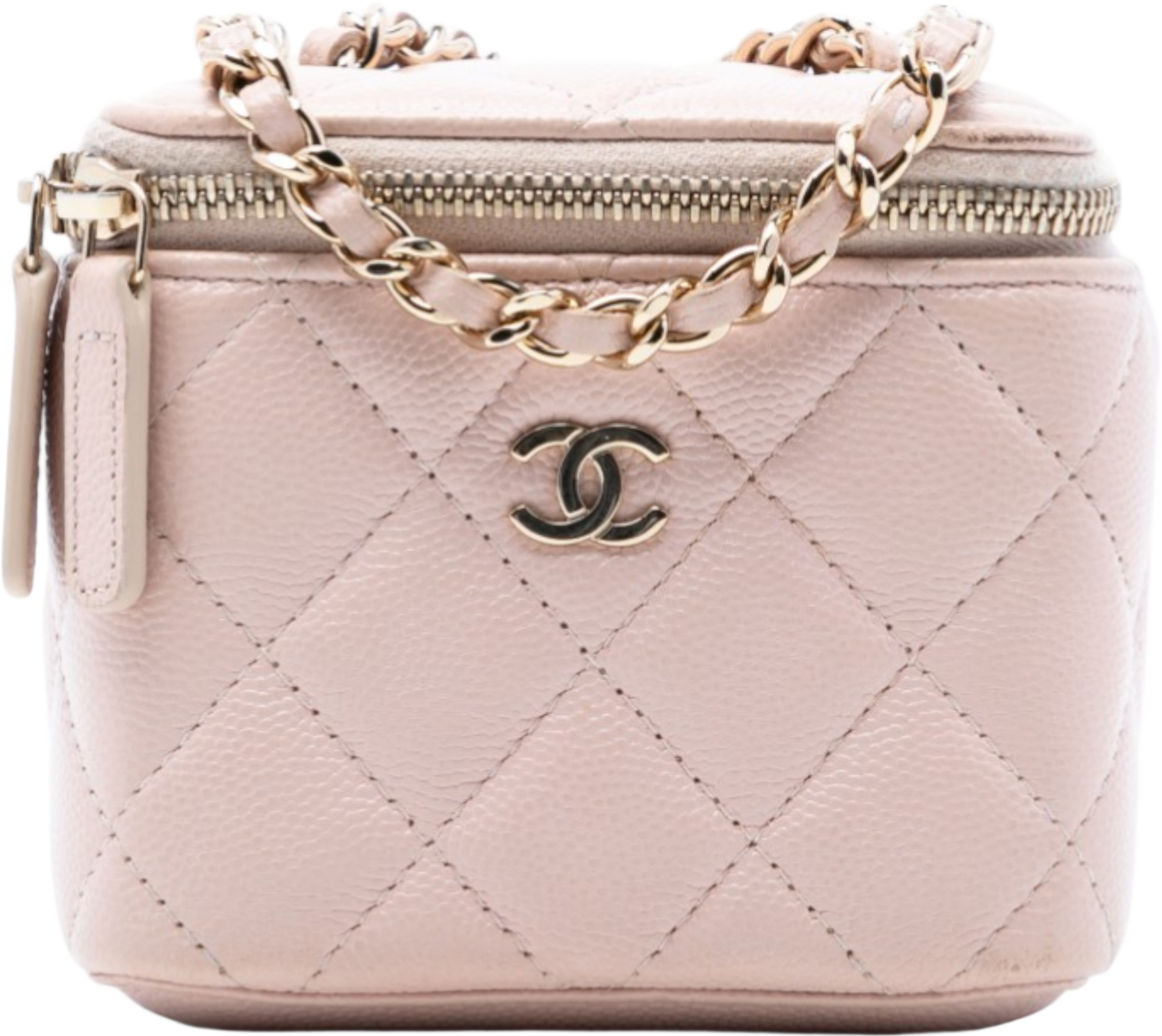 Chanel Mini Cc Quilted Caviar Vanity Case With Chain, från Luxclusif, i färgen light pink. Klicka för att öppna bilden i stort format