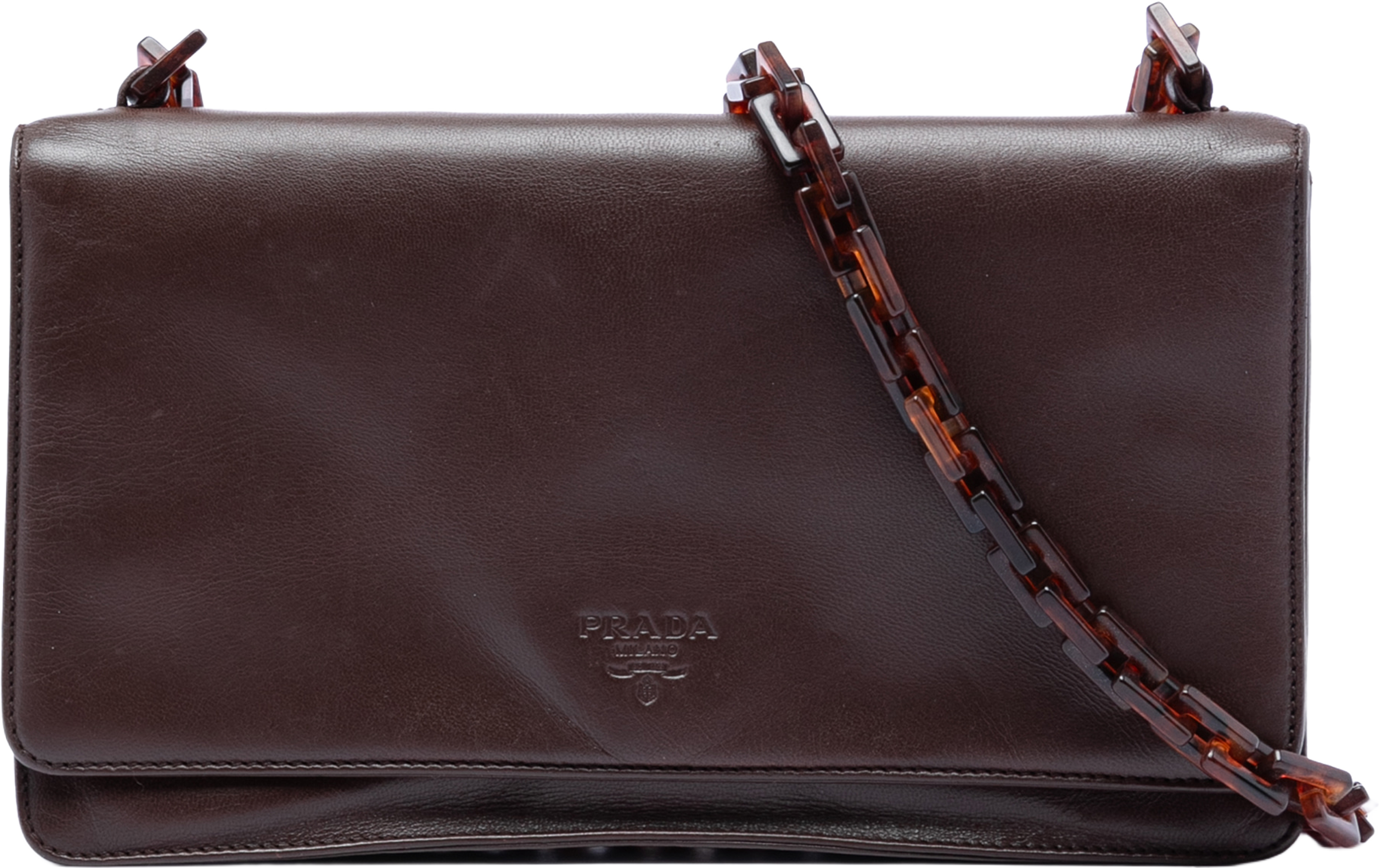 Prada Vitello City Resin Chain Crossbody, från Luxclusif, i färgen dark brown. Klicka för att öppna bilden i stort format