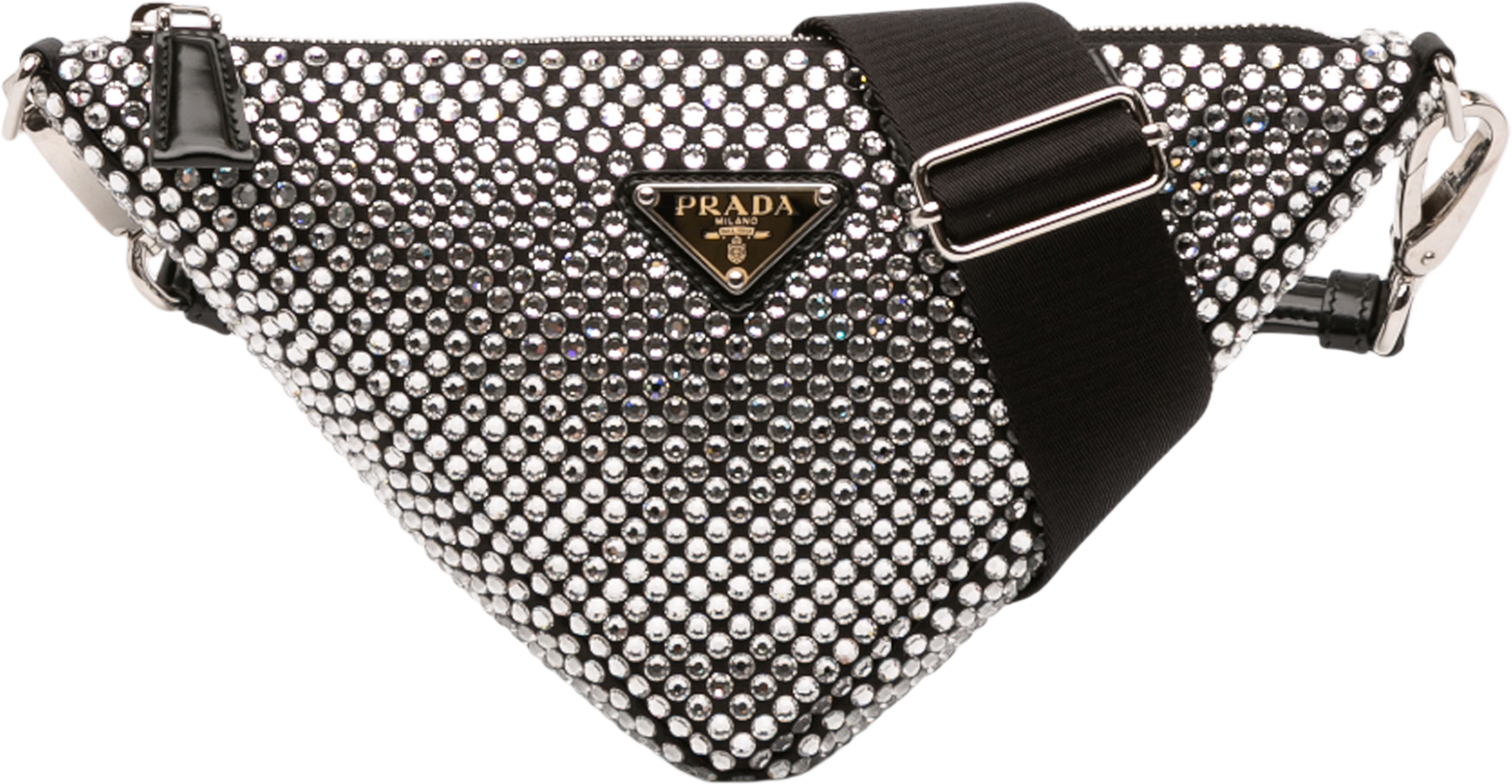 Prada Crystal Embellished Satin Triangle Pouch, från Luxclusif, i färgen black. Klicka för att öppna bilden i stort format