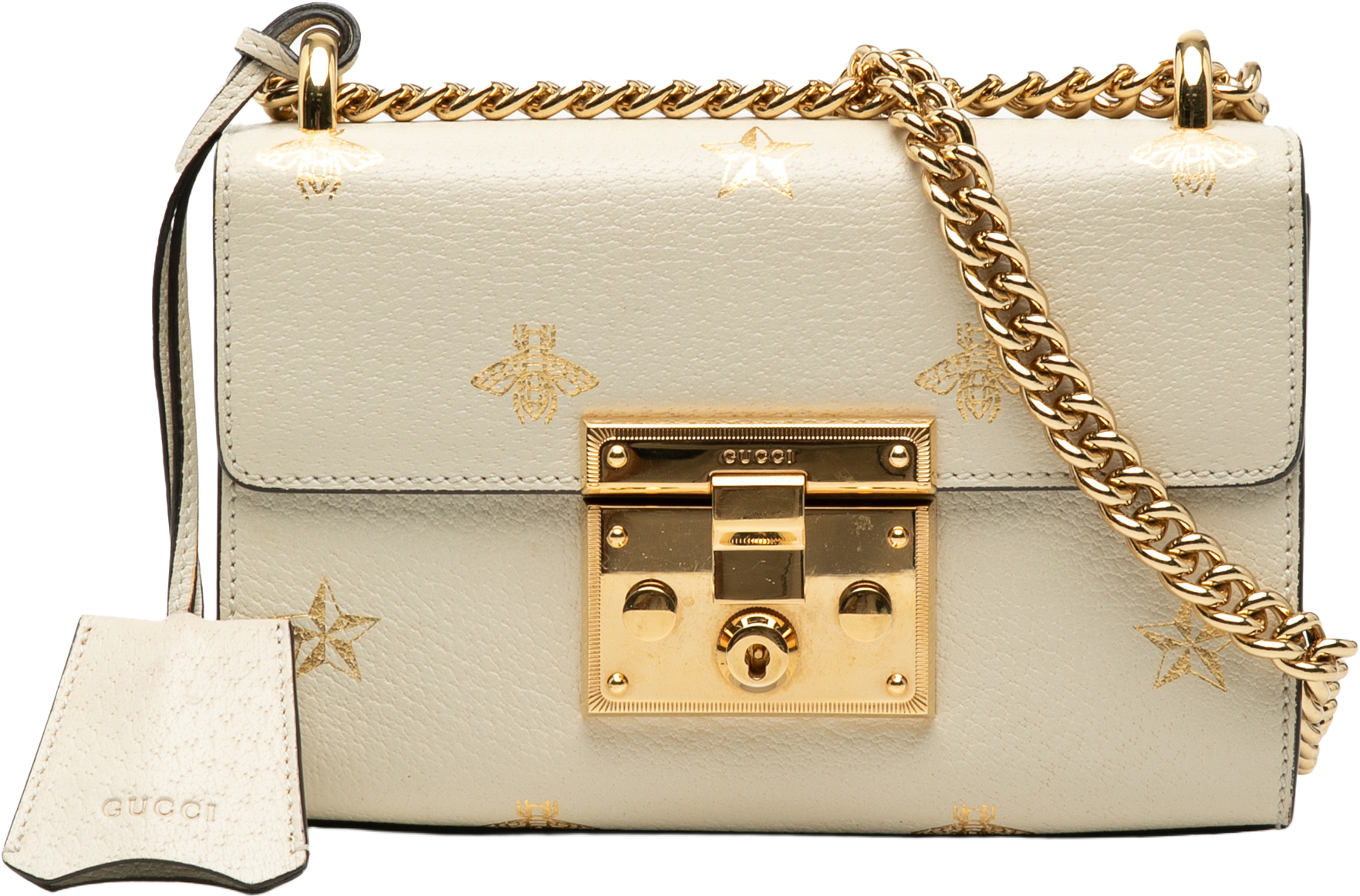 Gucci Small Leather Bee Star Padlock Crossbody, från Luxclusif, i färgen white. Klicka för att öppna bilden i stort format