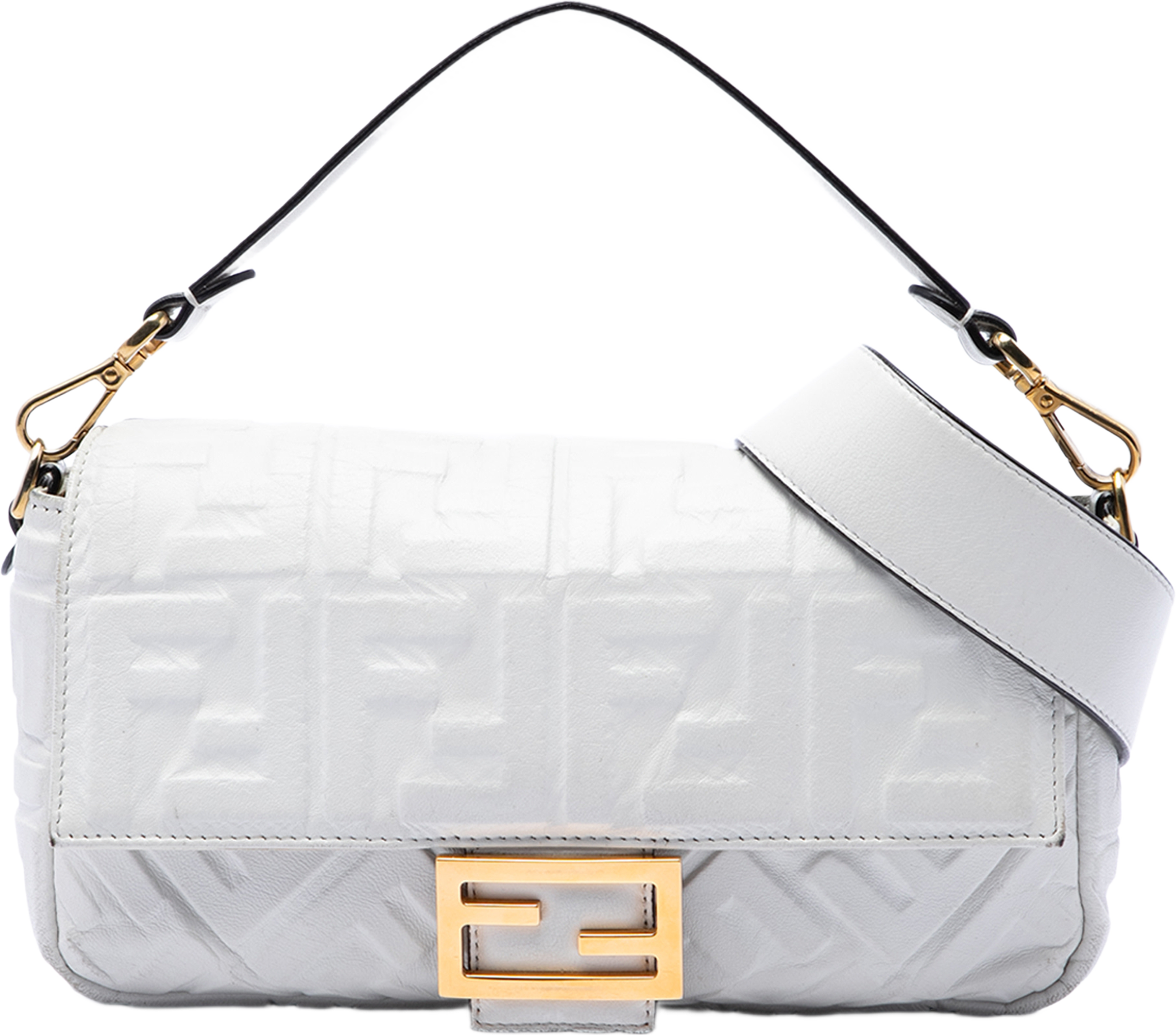 Fendi Zucca Embossed Leather Baguette Satchel, från Luxclusif, i färgen vit. Klicka för att öppna bilden i stort format