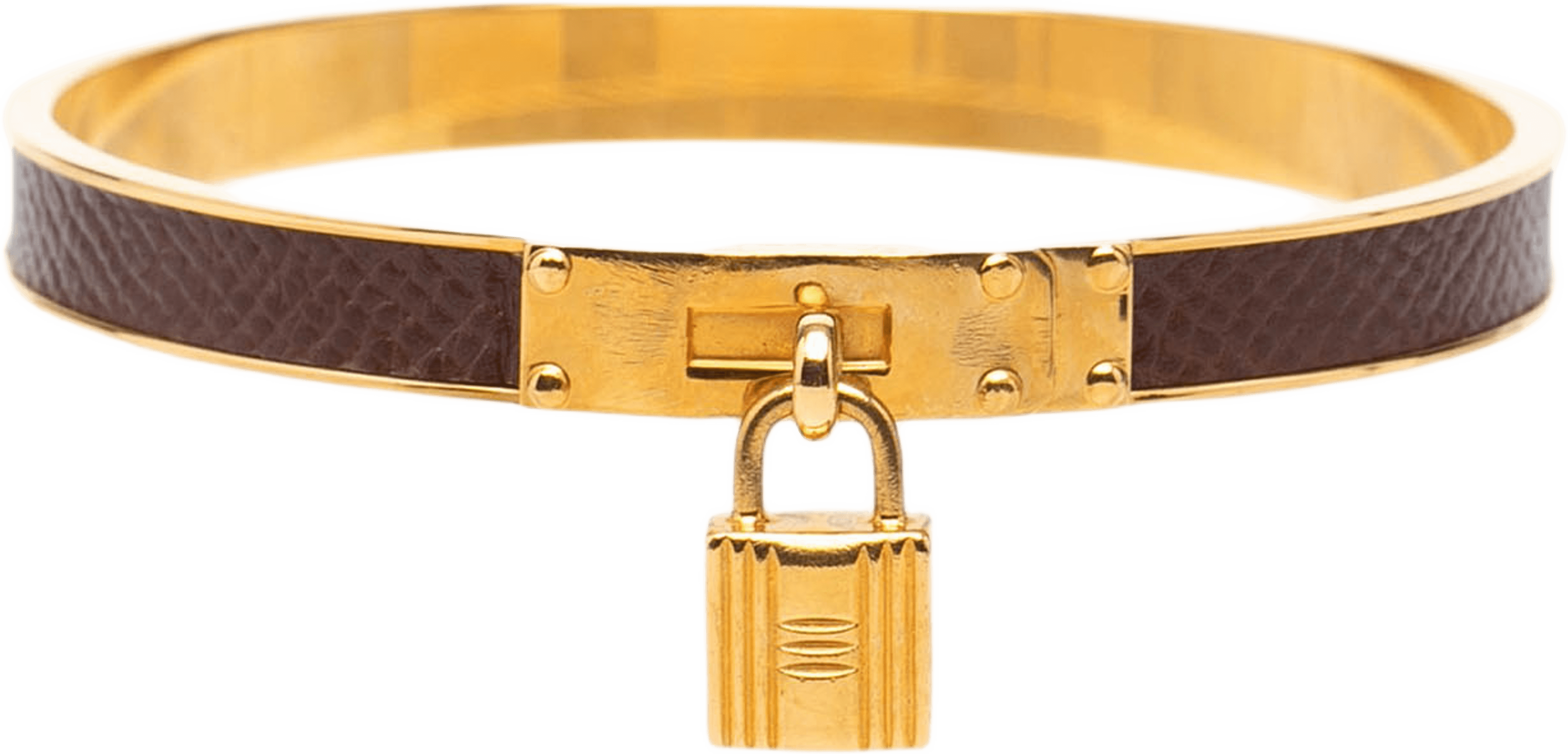 Hermès Gold Plated Epsom Kelly Cadena Lock Bangle Bracelet, från Luxclusif, i färgen brun. Klicka för att öppna bilden i stort format