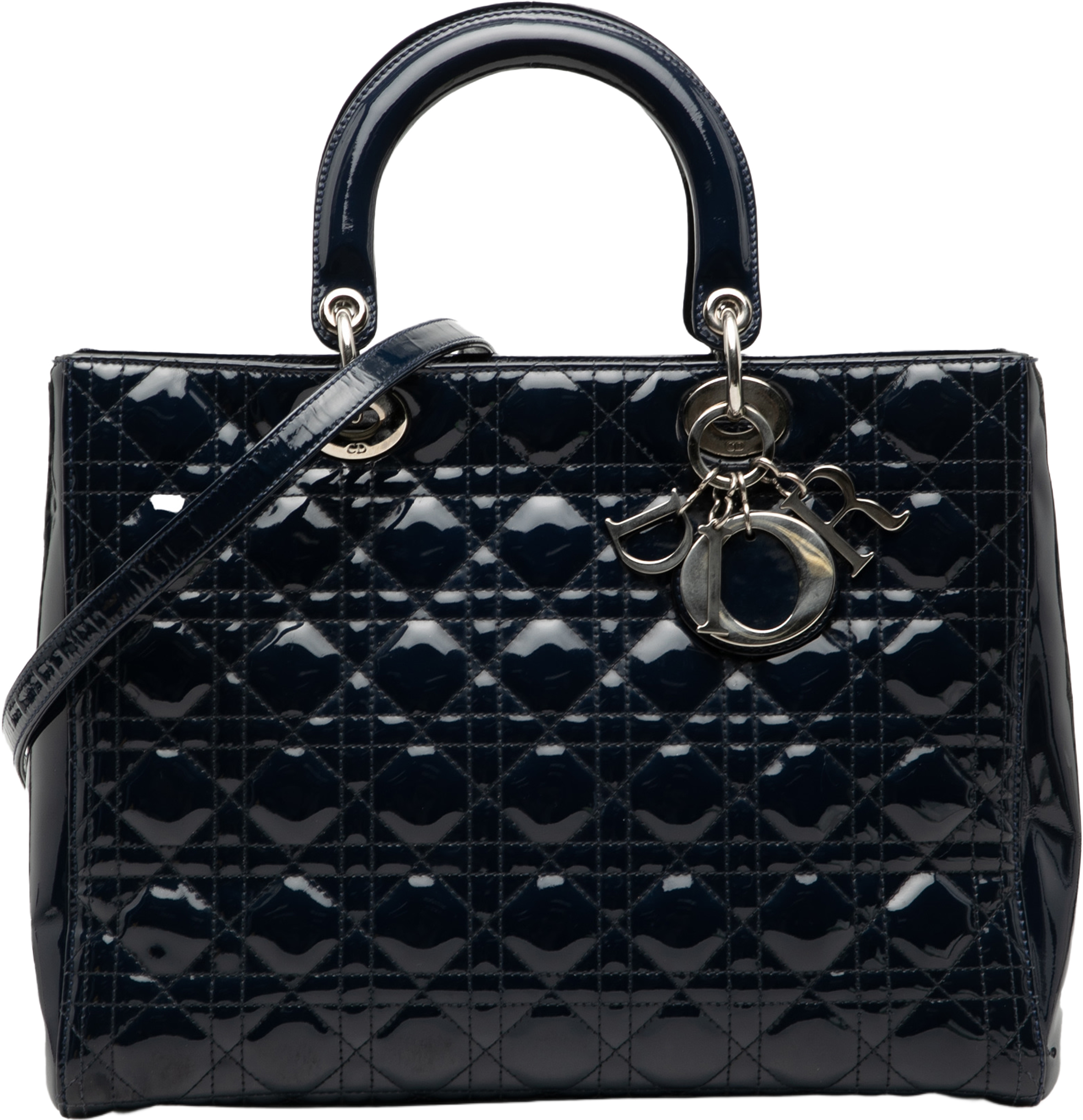 Dior Large Patent Cannage Lady Dior, från Luxclusif, i färgen navy. Klicka för att öppna bilden i stort format