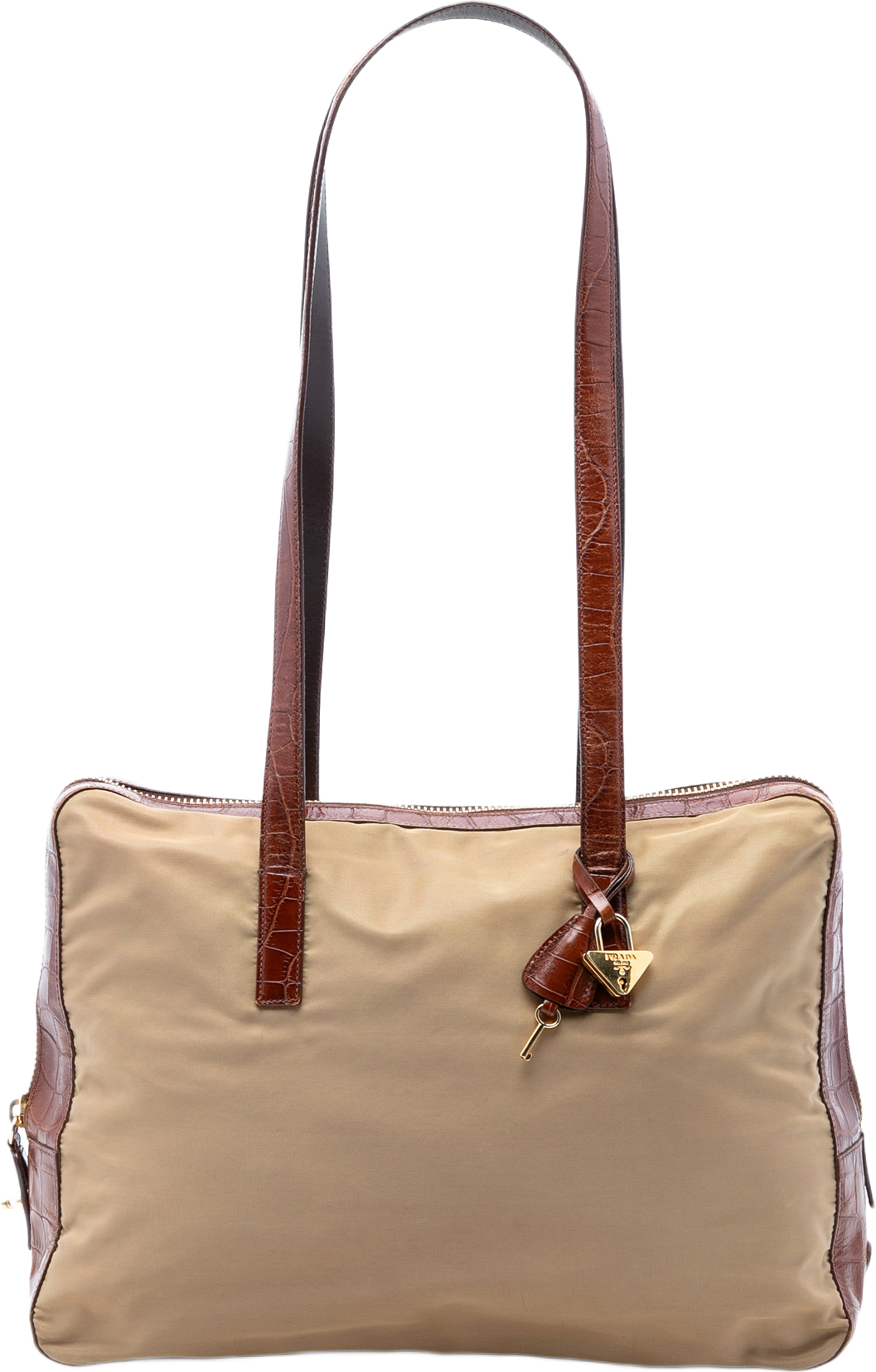Prada Croc Embossed Leather Trimmed Tessuto Shoulder Bag, från Luxclusif, i färgen beige. Klicka för att öppna bilden i stort format