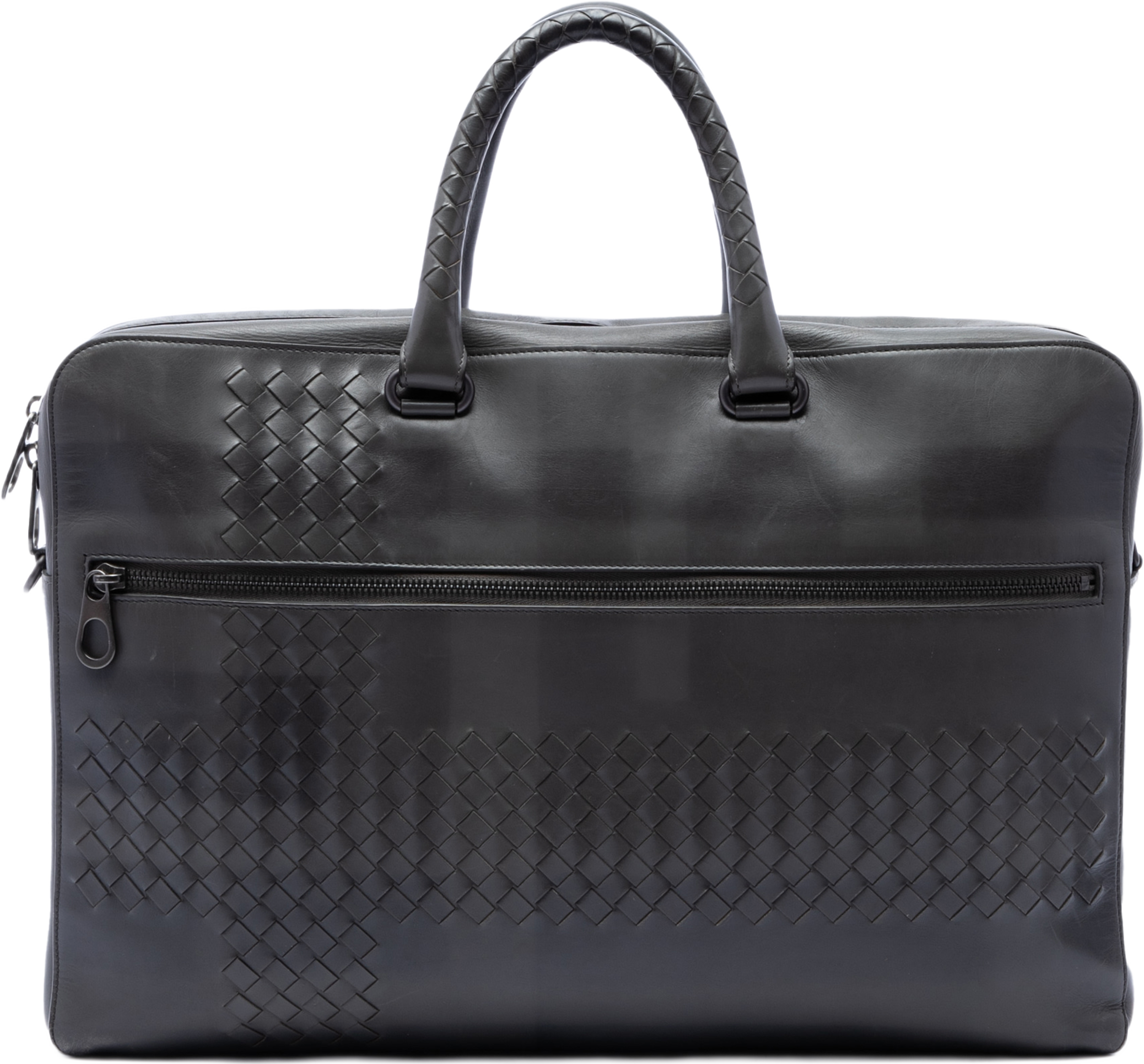 Bottega Veneta Intrecciato Trimmed Nappa Business Bag, från Luxclusif, i färgen grå. Klicka för att öppna bilden i stort format