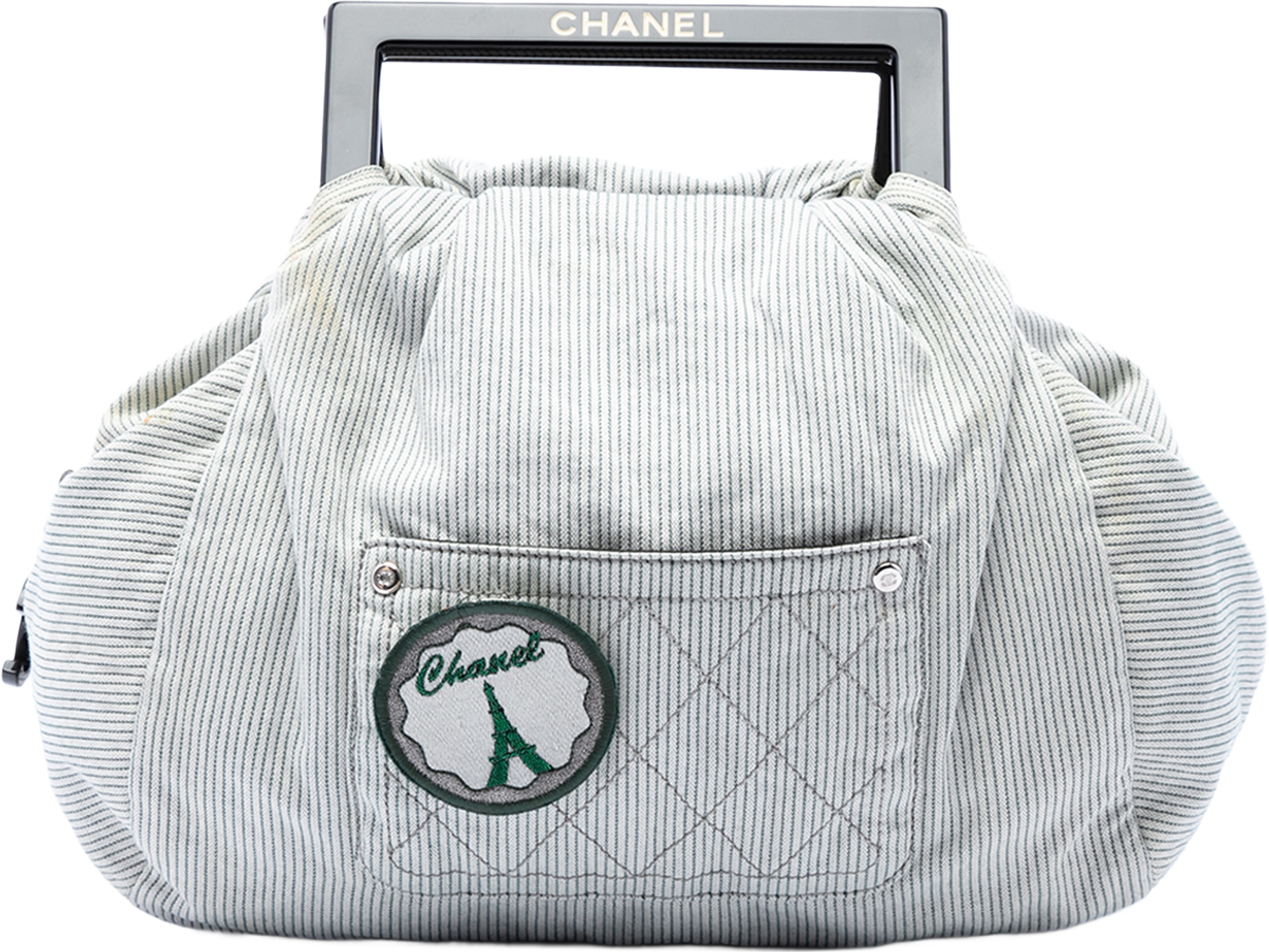 Chanel Striped Canvas Coco Paris Handbag, från Luxclusif, i färgen grå. Klicka för att öppna bilden i stort format