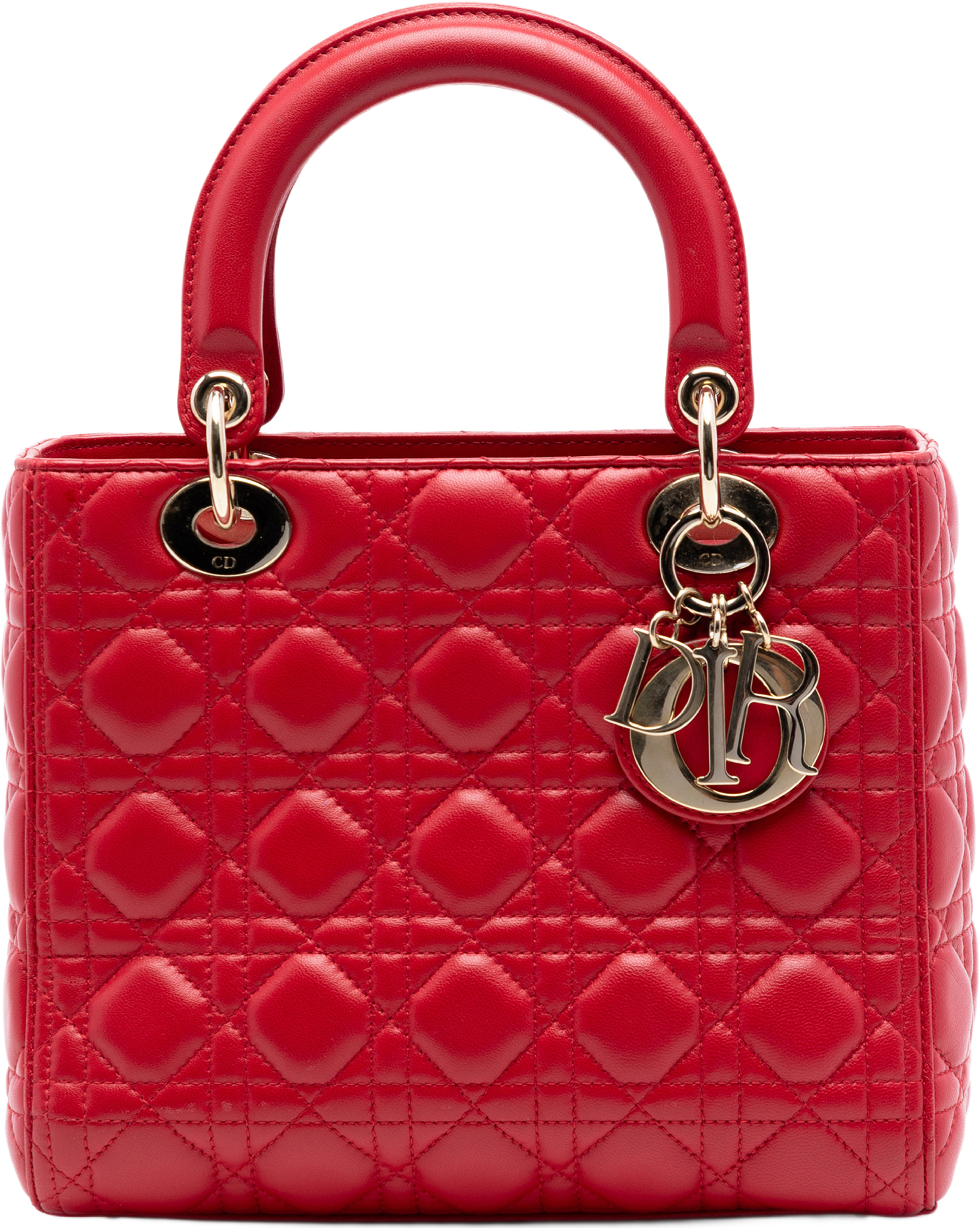 Dior Medium Lambskin Cannage Lady Dior, från Luxclusif, i färgen röd. Klicka för att öppna bilden i stort format