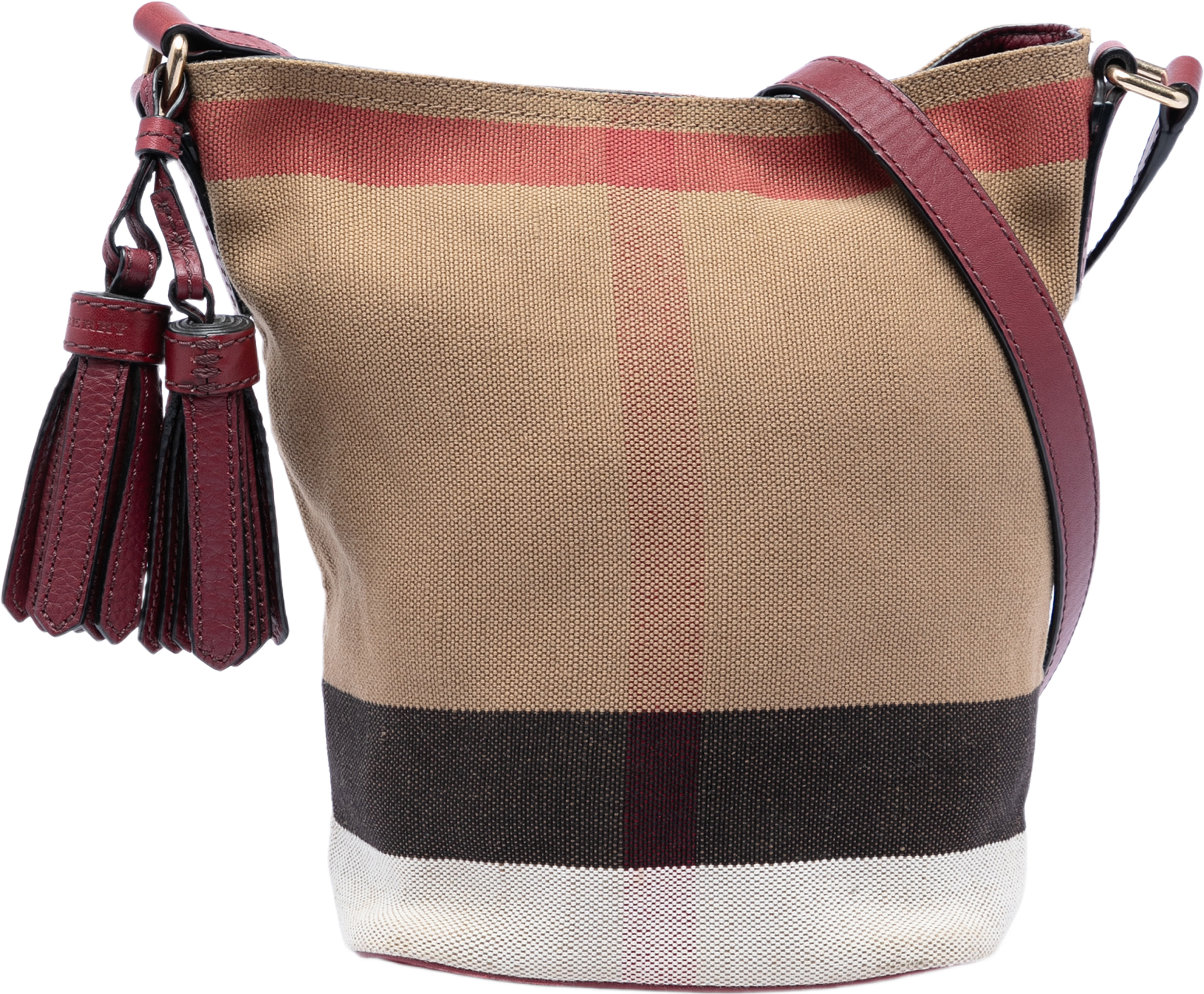 Burberry Mini Mega Check Canvas Ashby Tassel Bucket Bag, från Luxclusif, i färgen brun. Klicka för att öppna bilden i stort format