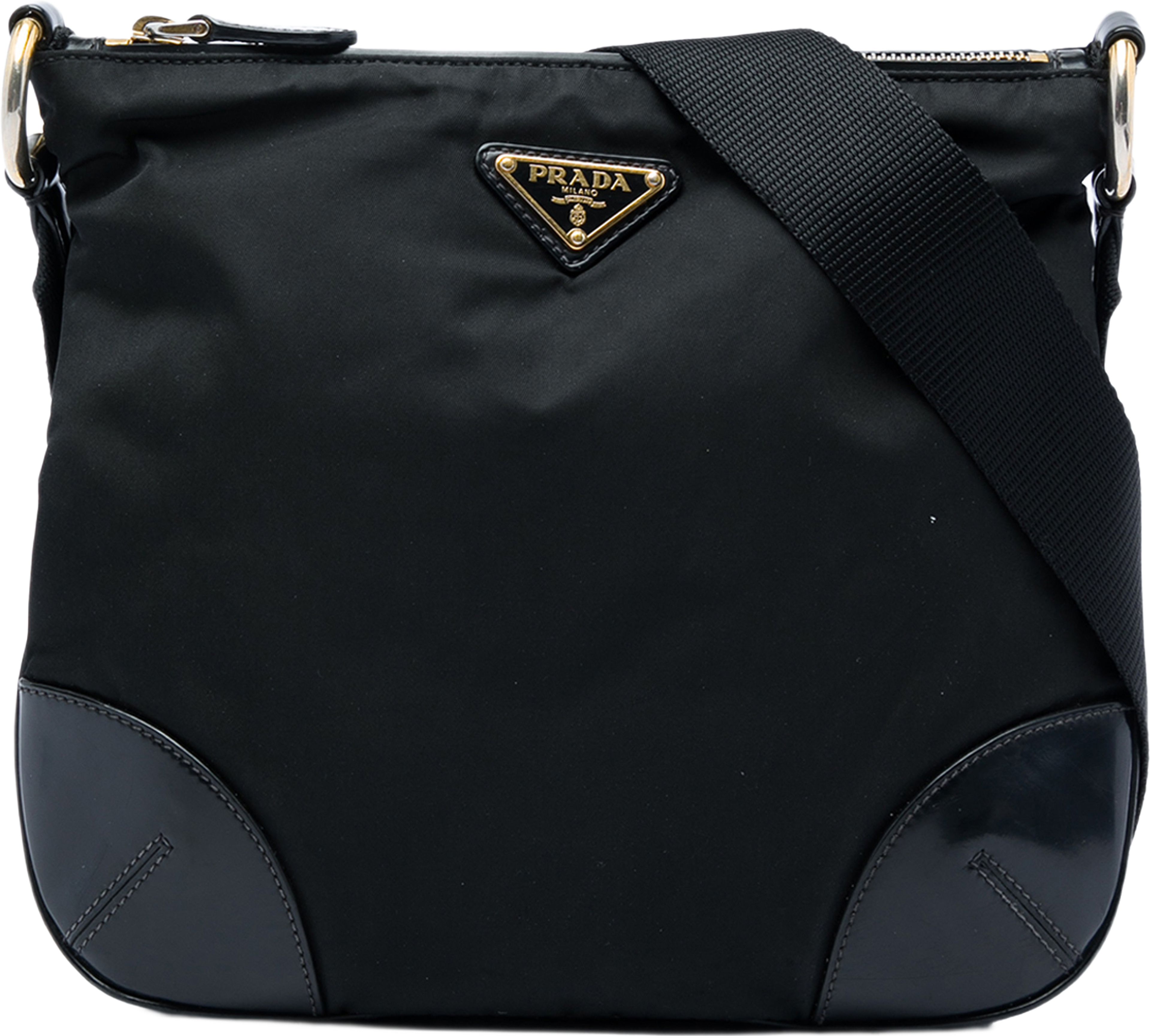 Prada Leather Trimmed Tessuto Zip Top Crossbody, från Luxclusif, i färgen svart. Klicka för att öppna bilden i stort format
