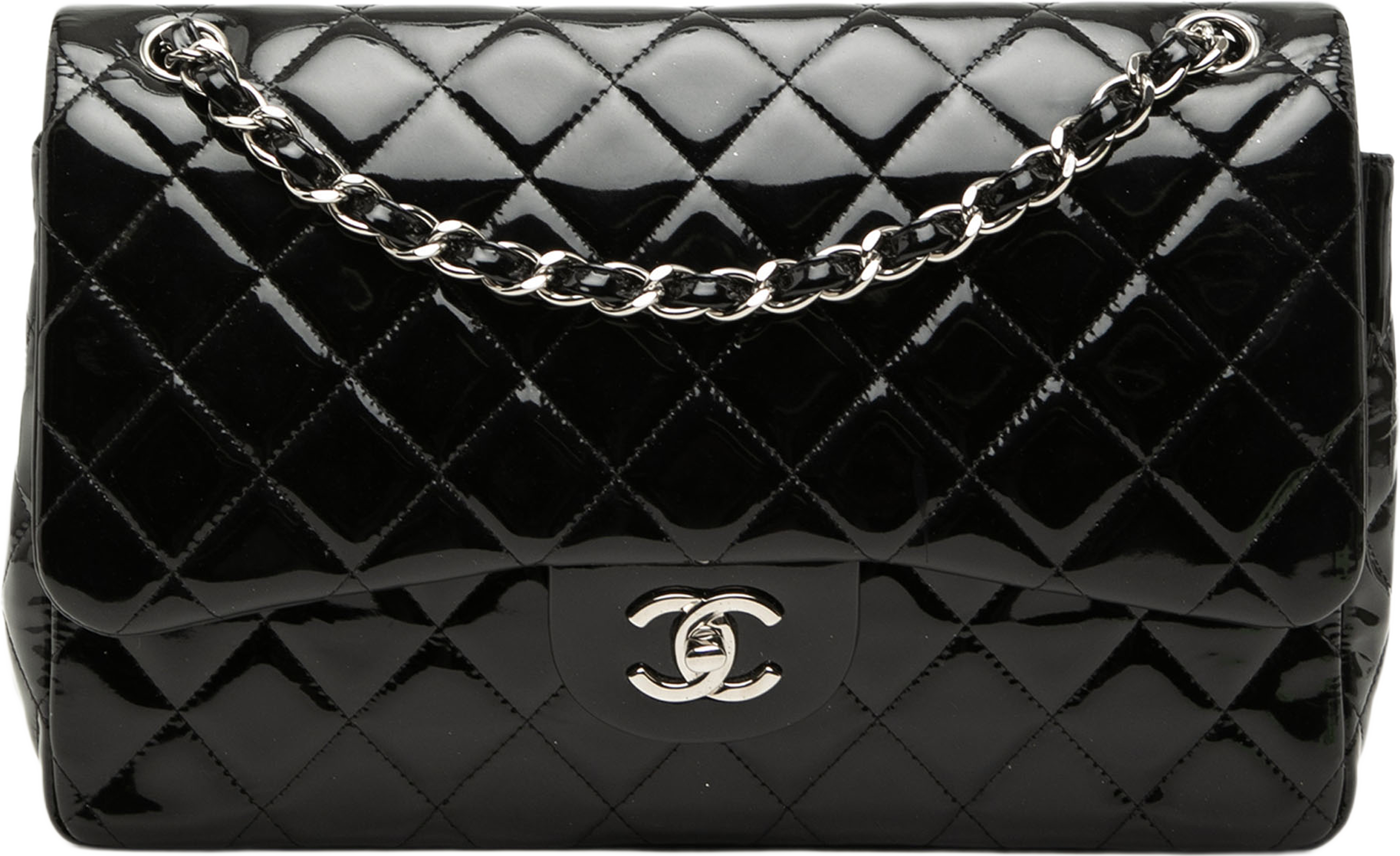 Chanel Jumbo Classic Patent Double Flap, från Luxclusif, i färgen black. Klicka för att öppna bilden i stort format