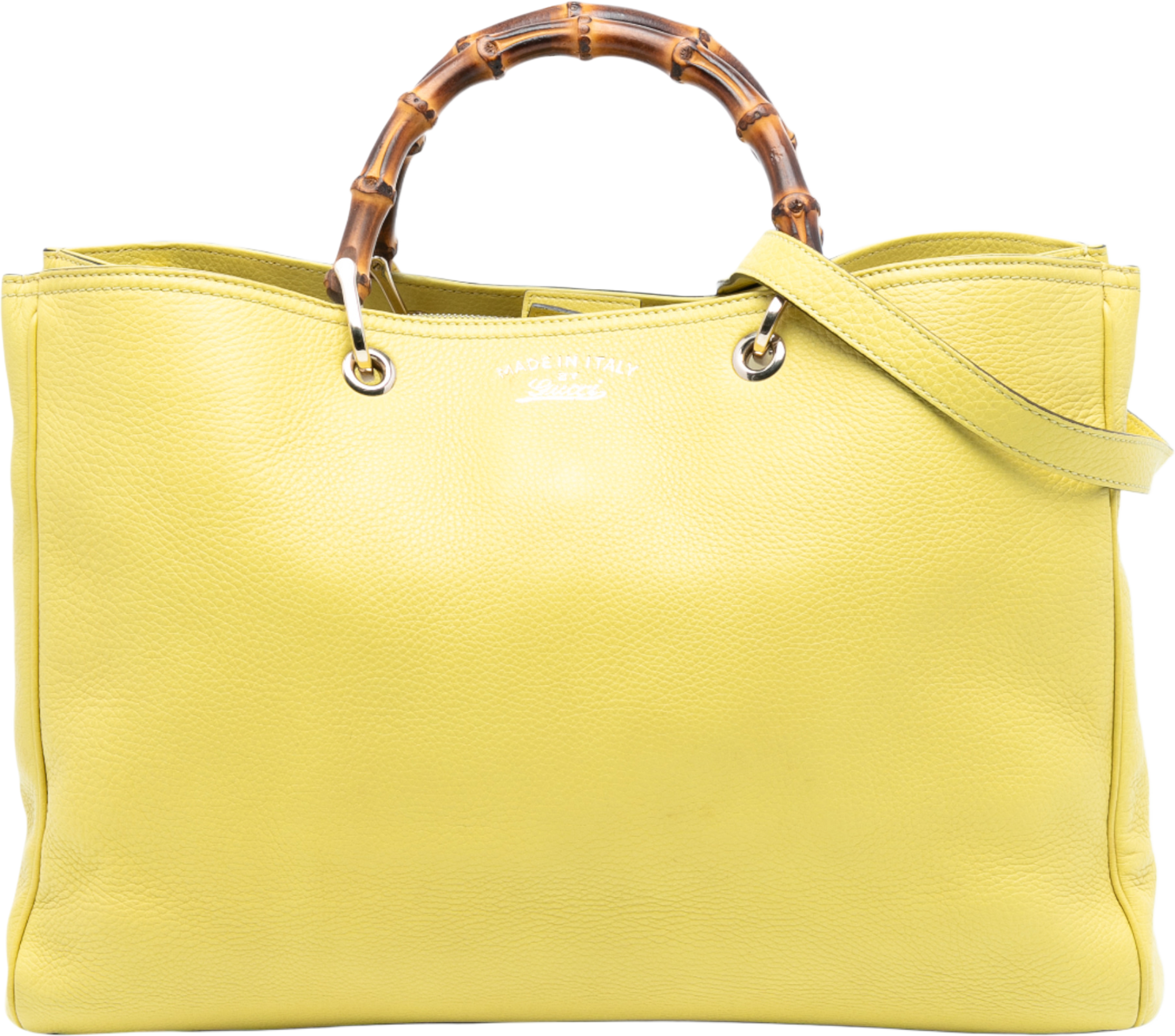 Gucci Large Calfskin Bamboo Shopper Satchel, från Luxclusif, i färgen yellow. Klicka för att öppna bilden i stort format