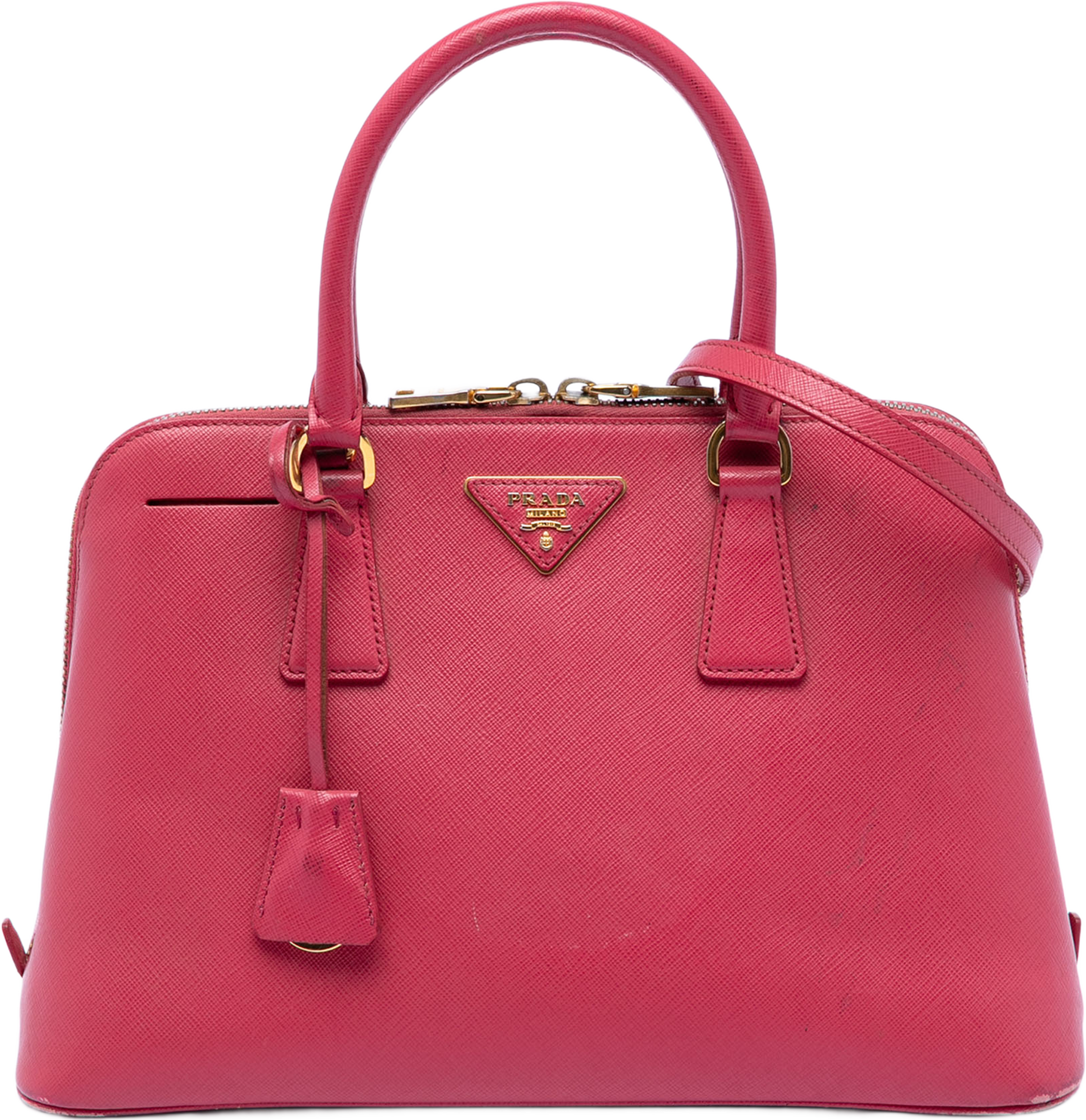 Prada Medium Saffiano Lux Promenade Satchel, från Luxclusif, i färgen dark pink. Klicka för att öppna bilden i stort format