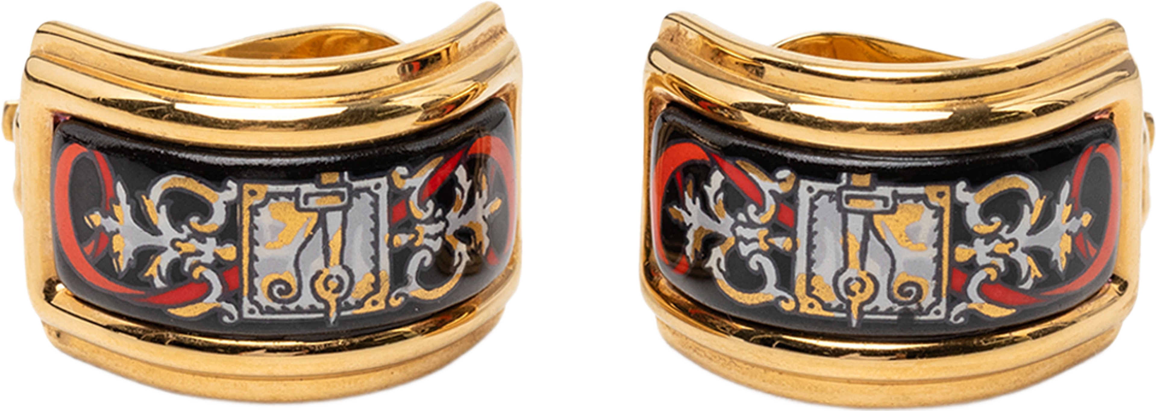 Hermès Gold Plated Enamel Cloisonne Clip On Earrings, från Luxclusif, i färgen svart. Klicka för att öppna bilden i stort format