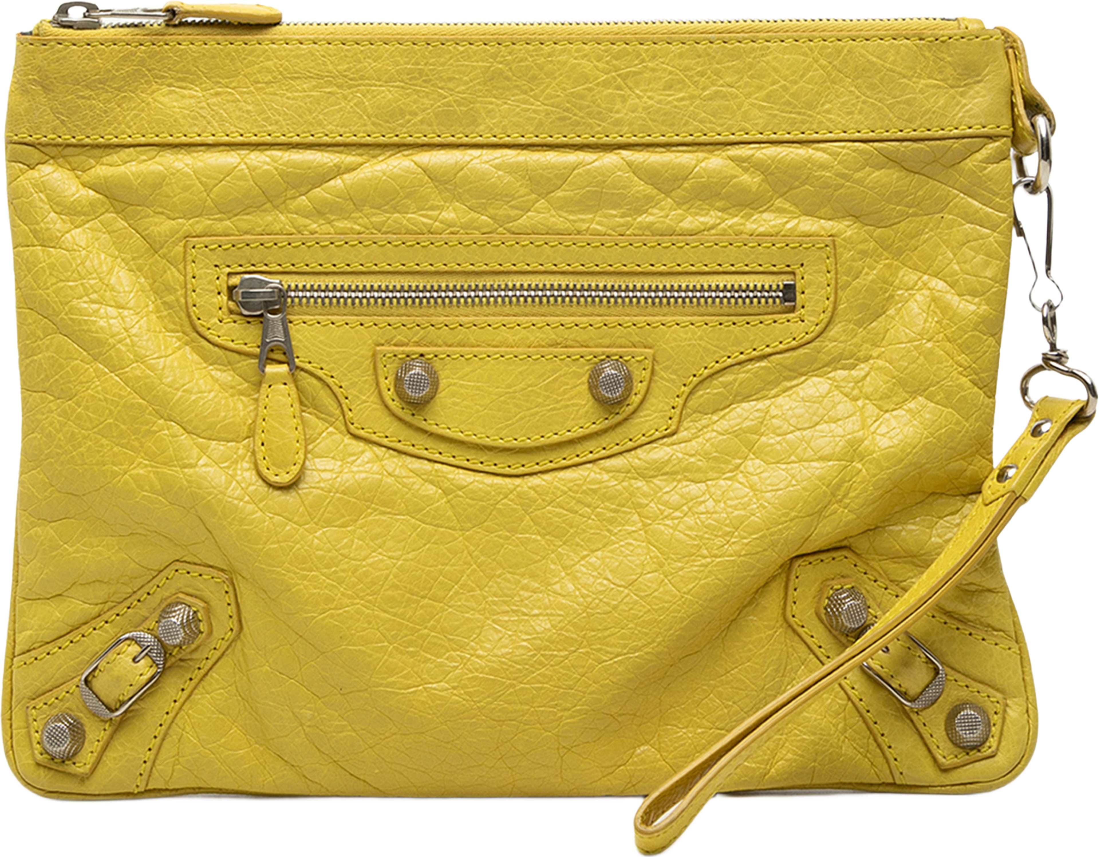 Balenciaga Lambskin Motocross Giant 12 Clutch, från Luxclusif, i färgen gul. Klicka för att öppna bilden i stort format