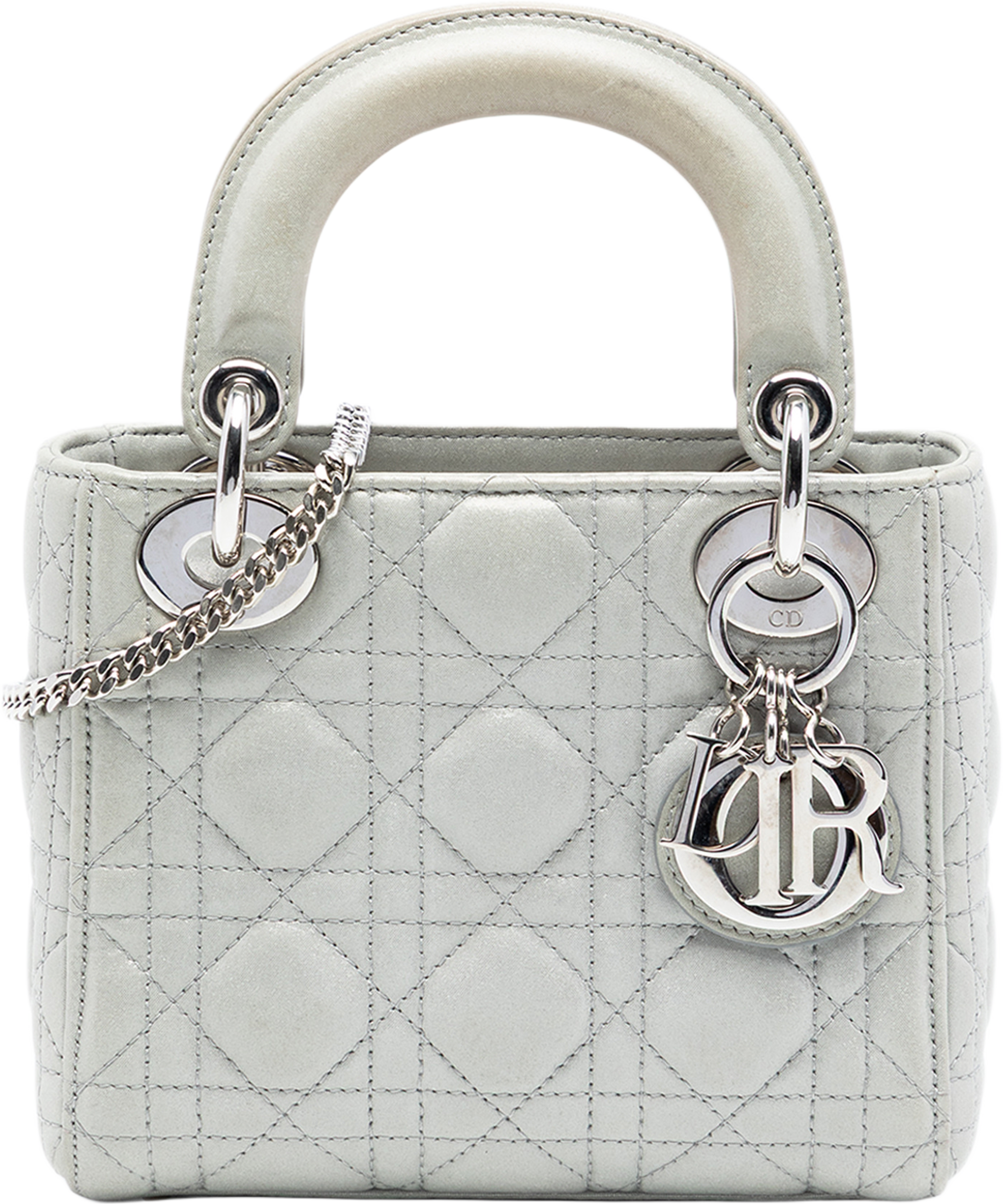 Dior Mini Iridescent Lambskin Cannage Lady Dior, från Luxclusif, i färgen silver. Klicka för att öppna bilden i stort format