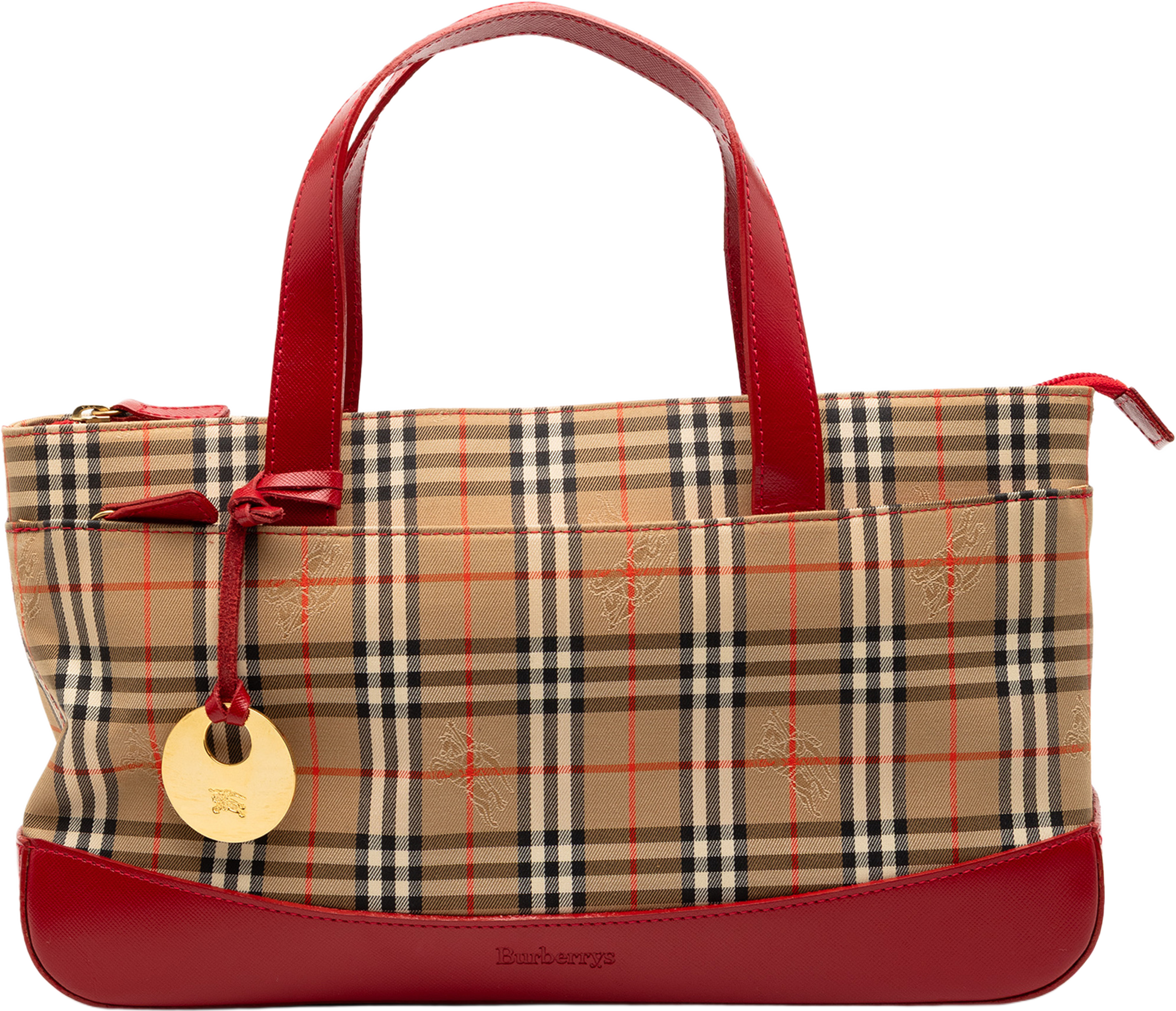 Burberry Haymarket Check Canvas Handbag, från Luxclusif, i färgen beige. Klicka för att öppna bilden i stort format