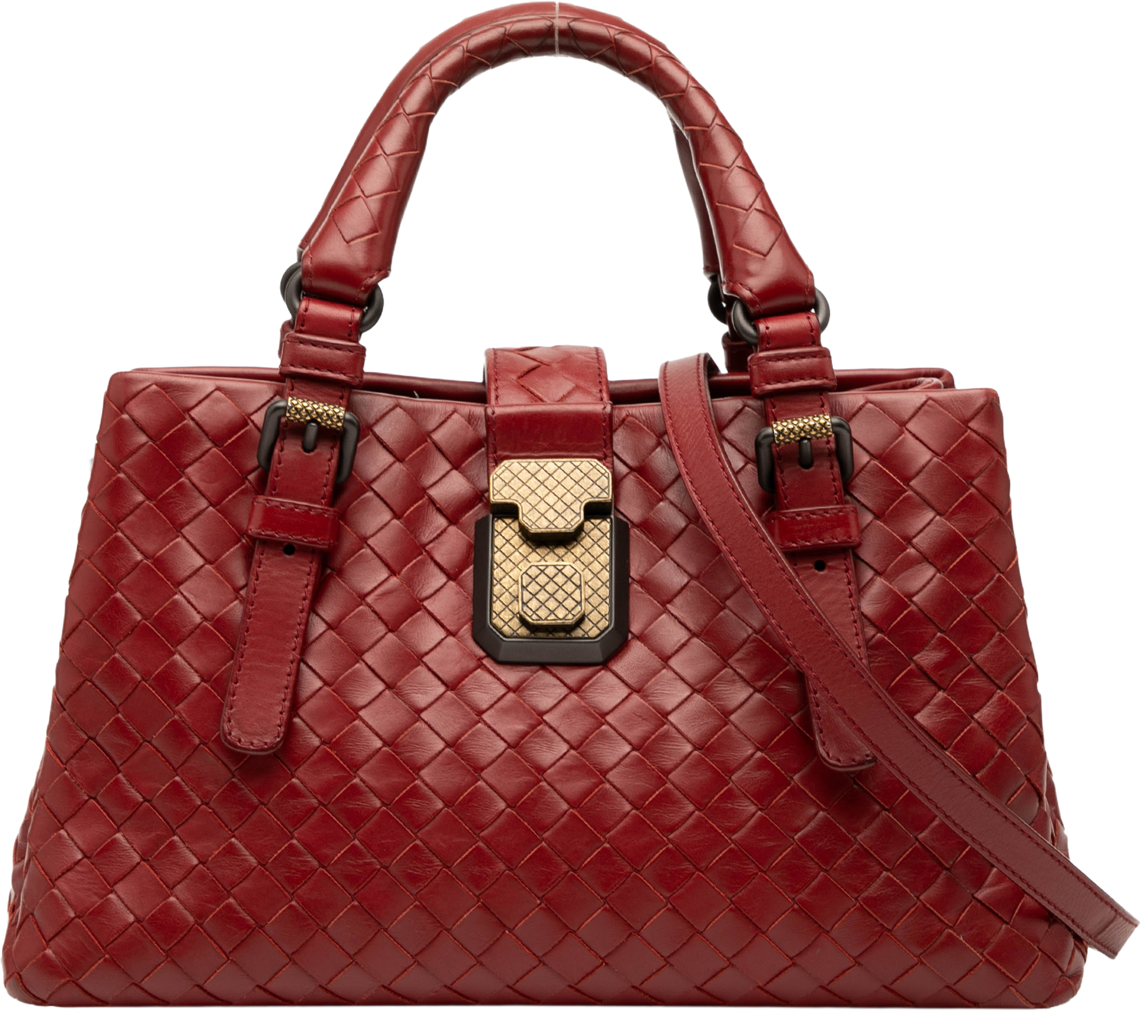 Bottega Veneta Mini Nappa Intrecciato Roma Satchel, från Luxclusif, i färgen dark red. Klicka för att öppna bilden i stort format