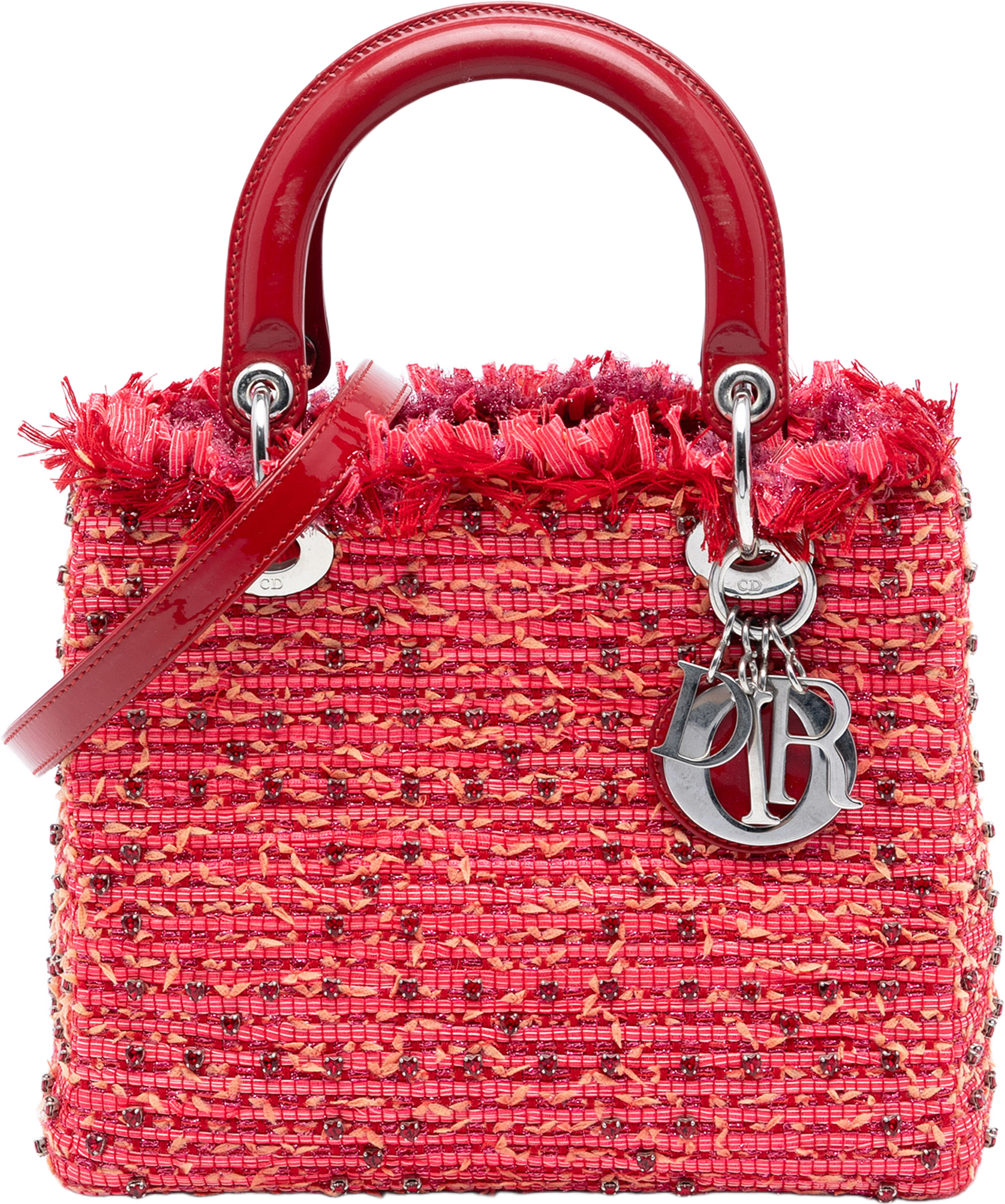 Dior Medium Tweed Fringe Rhinestone Lady Dior, från Luxclusif, i färgen red. Klicka för att öppna bilden i stort format