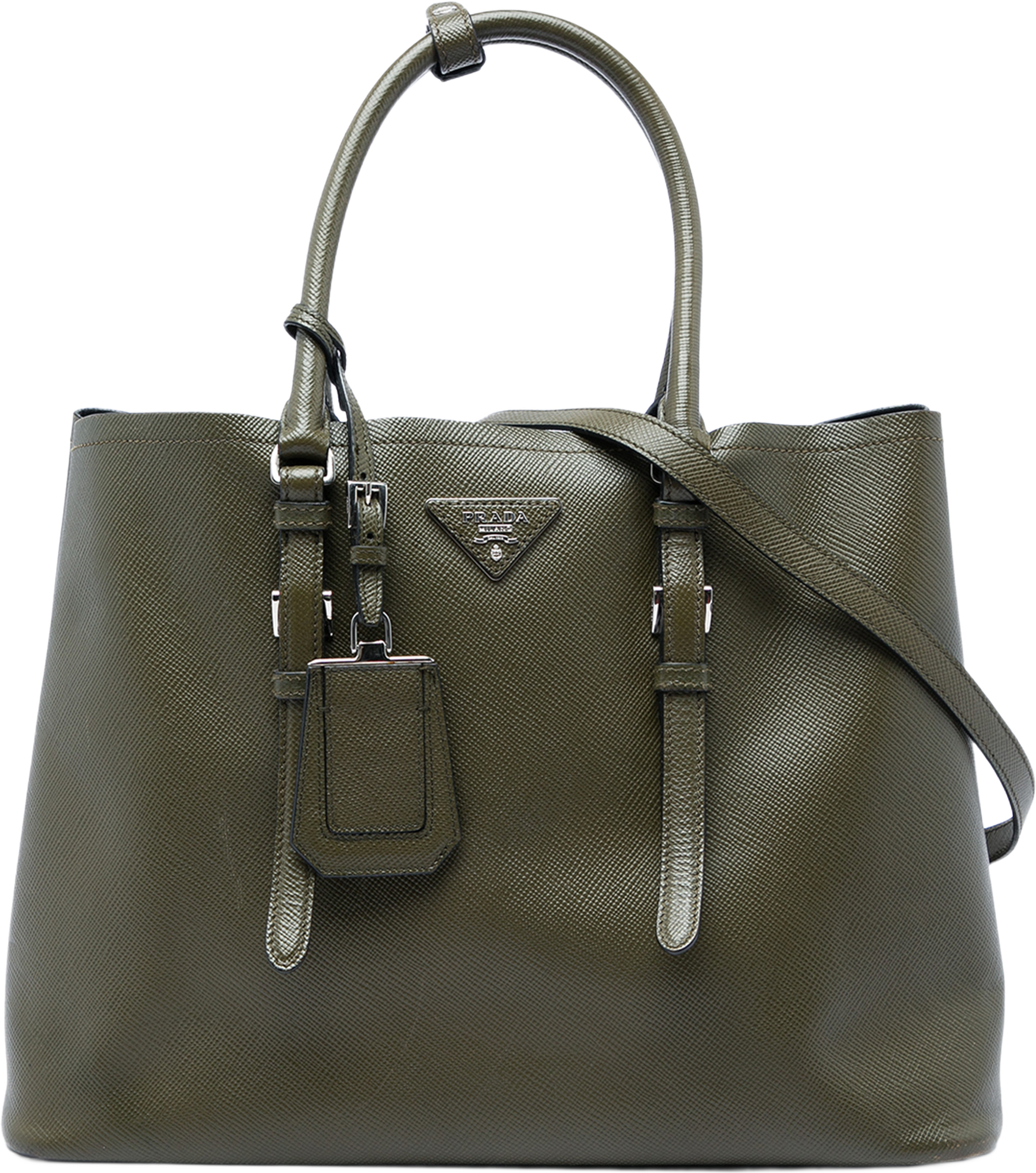 Prada Large Saffiano Cuir Double Handle Satchel, från Luxclusif, i färgen grön. Klicka för att öppna bilden i stort format