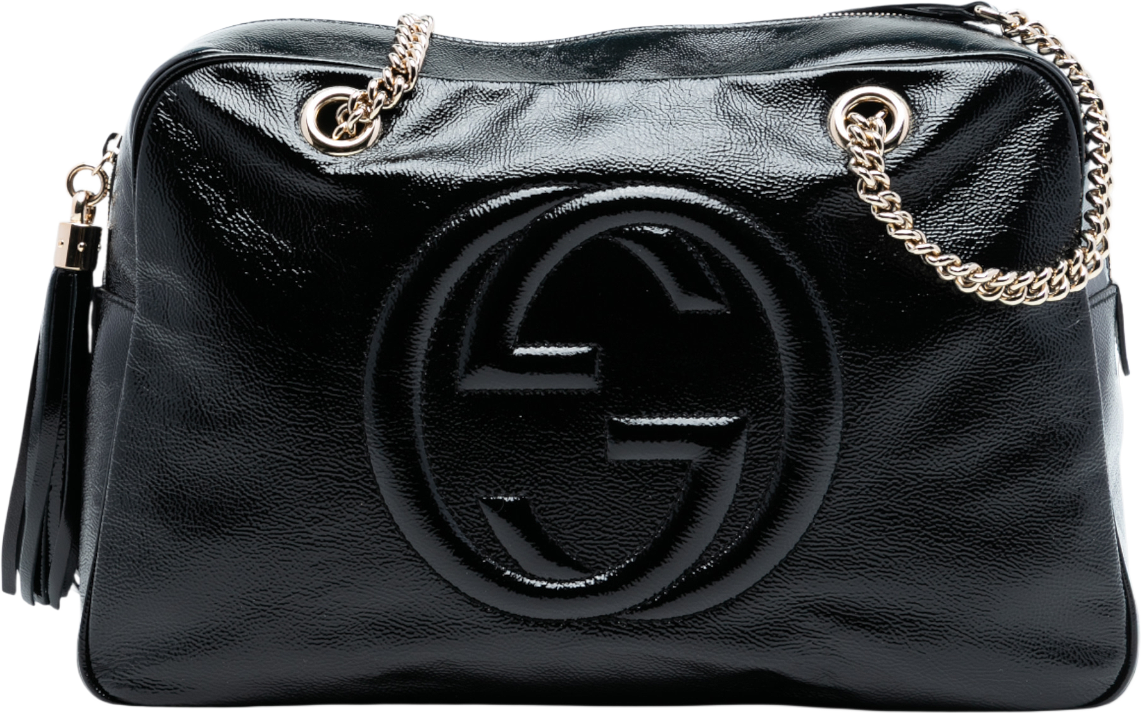 Gucci Patent Soho Chain Shoulder Bag, från Luxclusif, i färgen black. Klicka för att öppna bilden i stort format