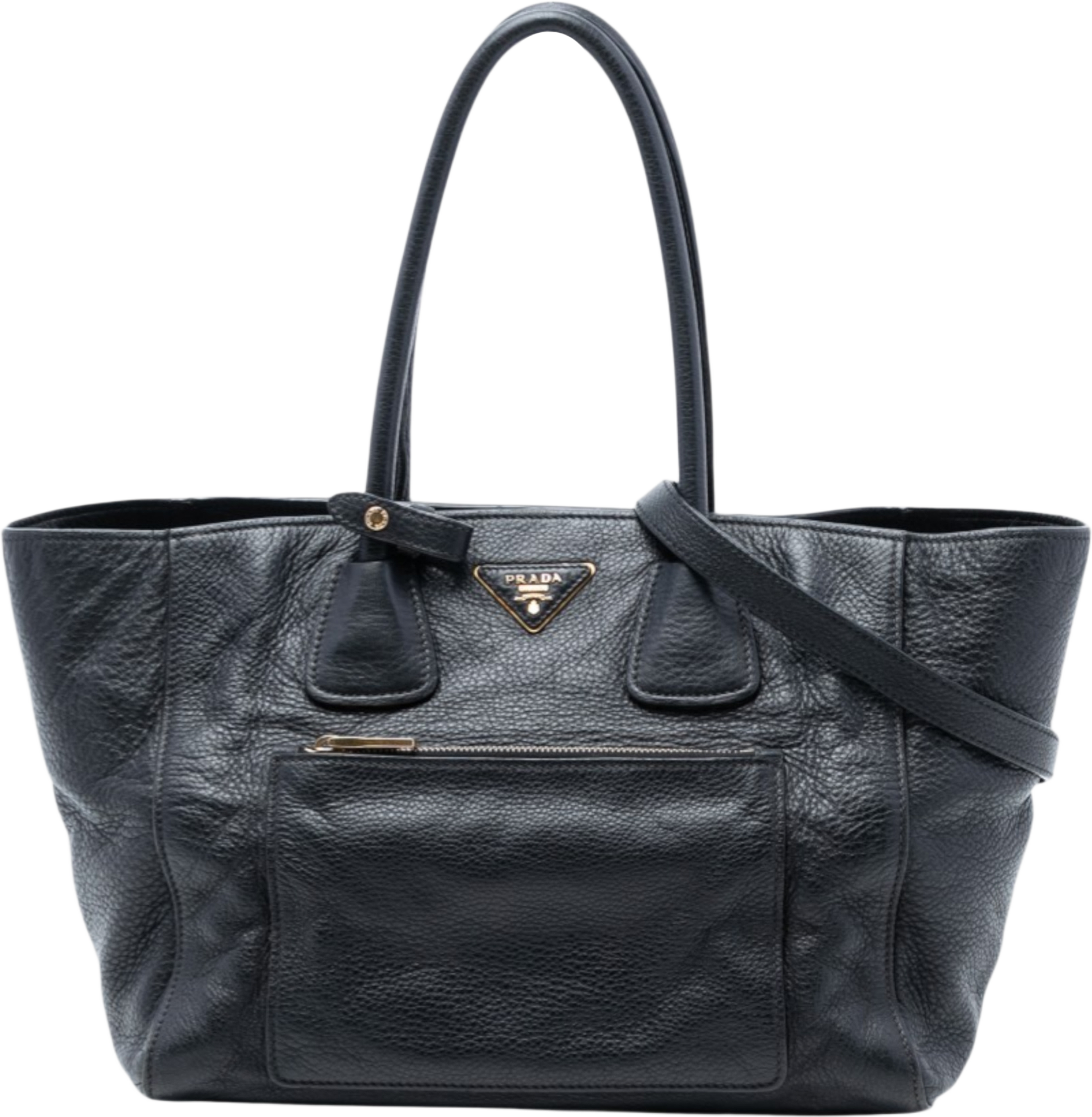 Prada Vitello Daino Front Pocket Open Convertible Tote, från Luxclusif, i färgen black. Klicka för att öppna bilden i stort format