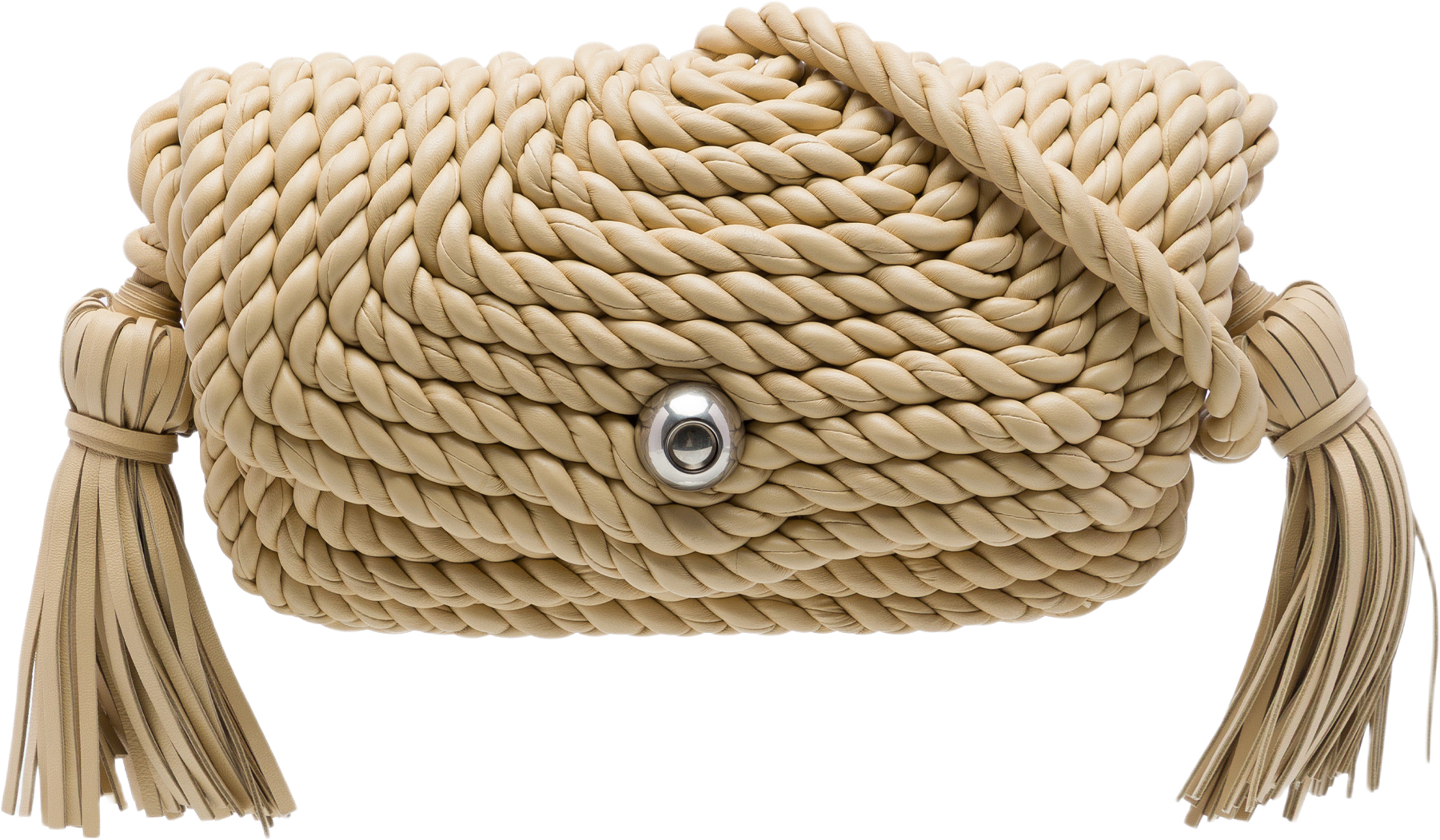 Bottega Veneta Twisted Lambskin Torchon Tasseled Crossbody, från Luxclusif, i färgen beige. Klicka för att öppna bilden i stort format