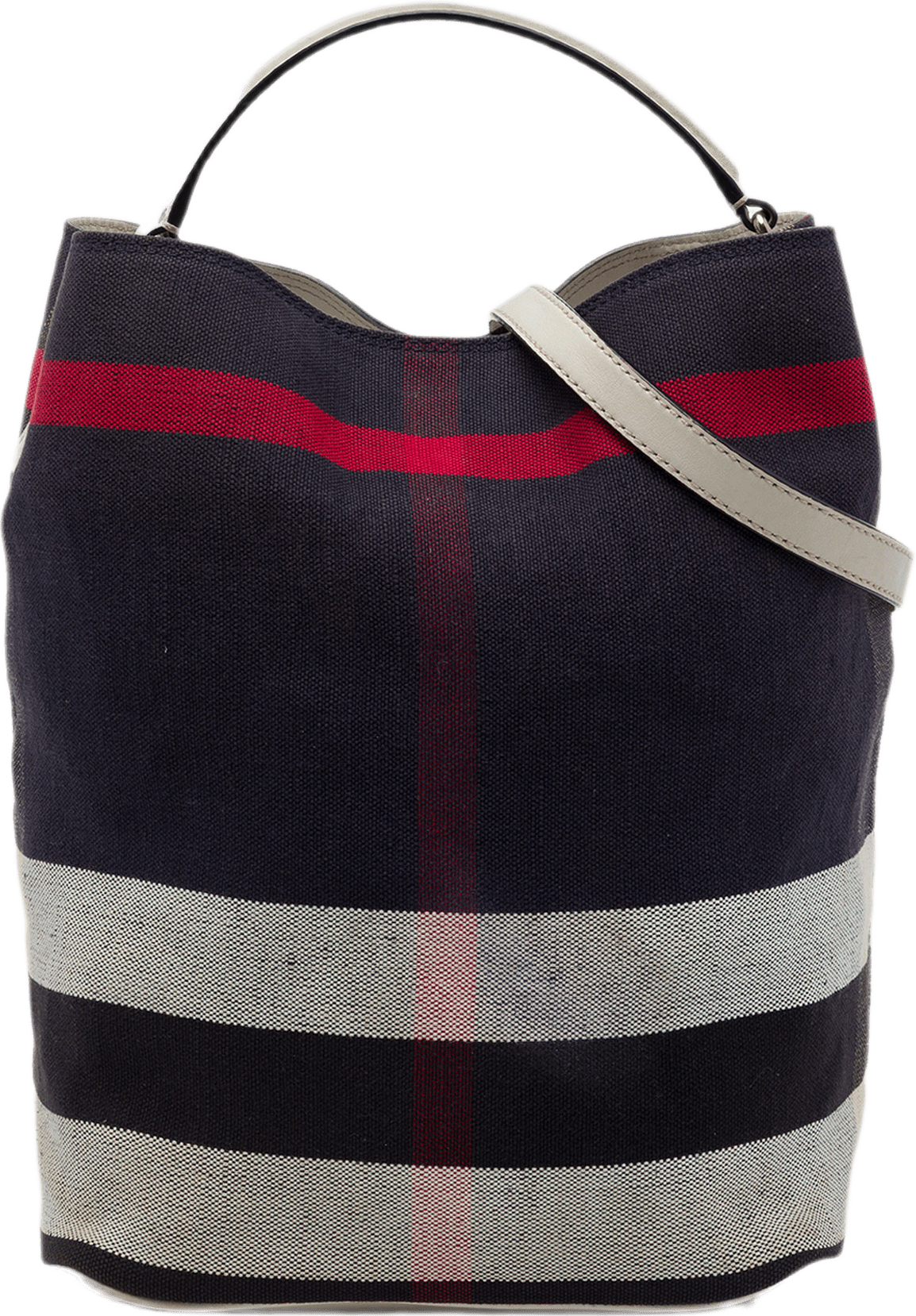 Burberry Medium Mega Check Canvas Ashby Bucket Bag, från Luxclusif, i färgen blå.