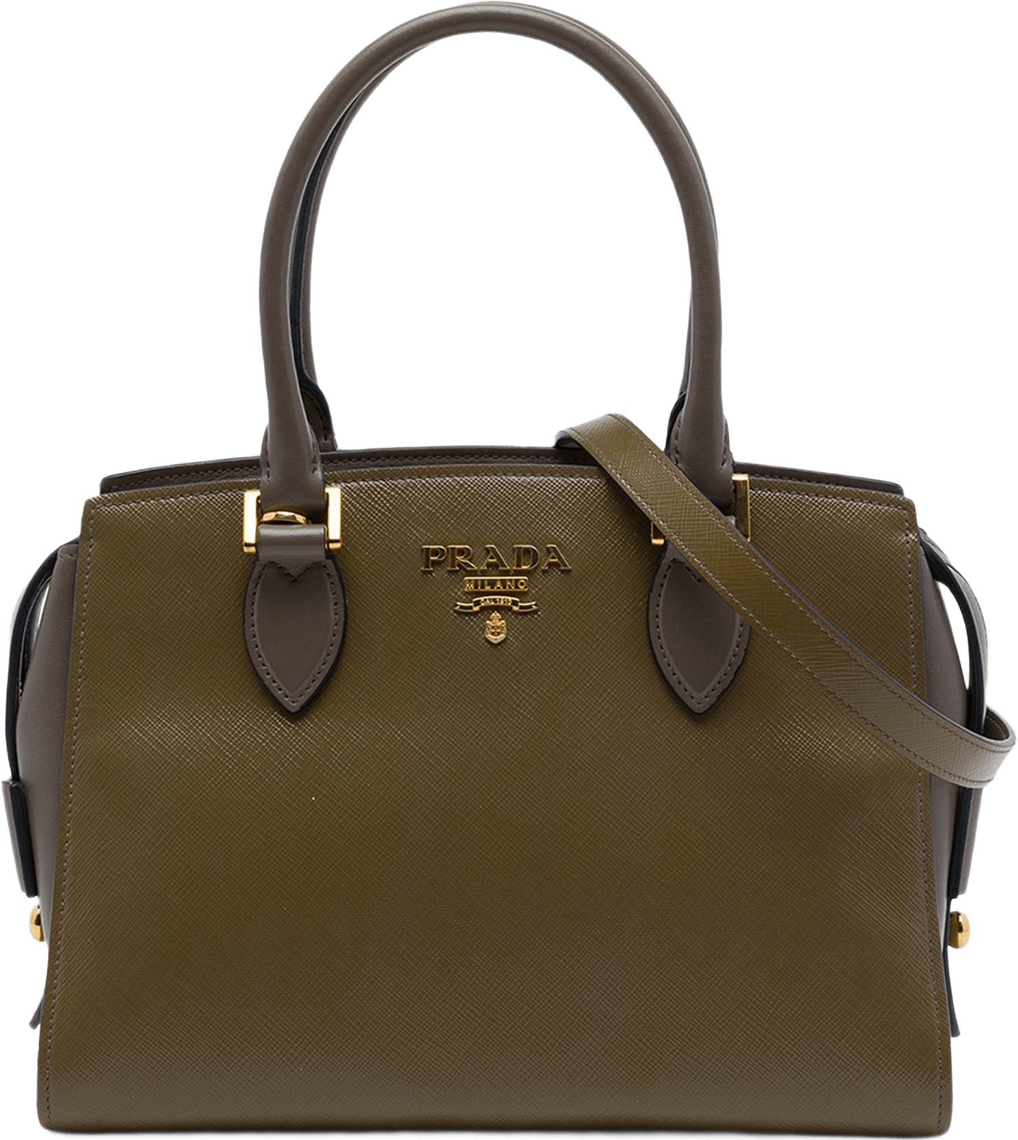 Prada Bicolor Soft Calf Trimmed Saffiano Satchel, från Luxclusif, i färgen brun.