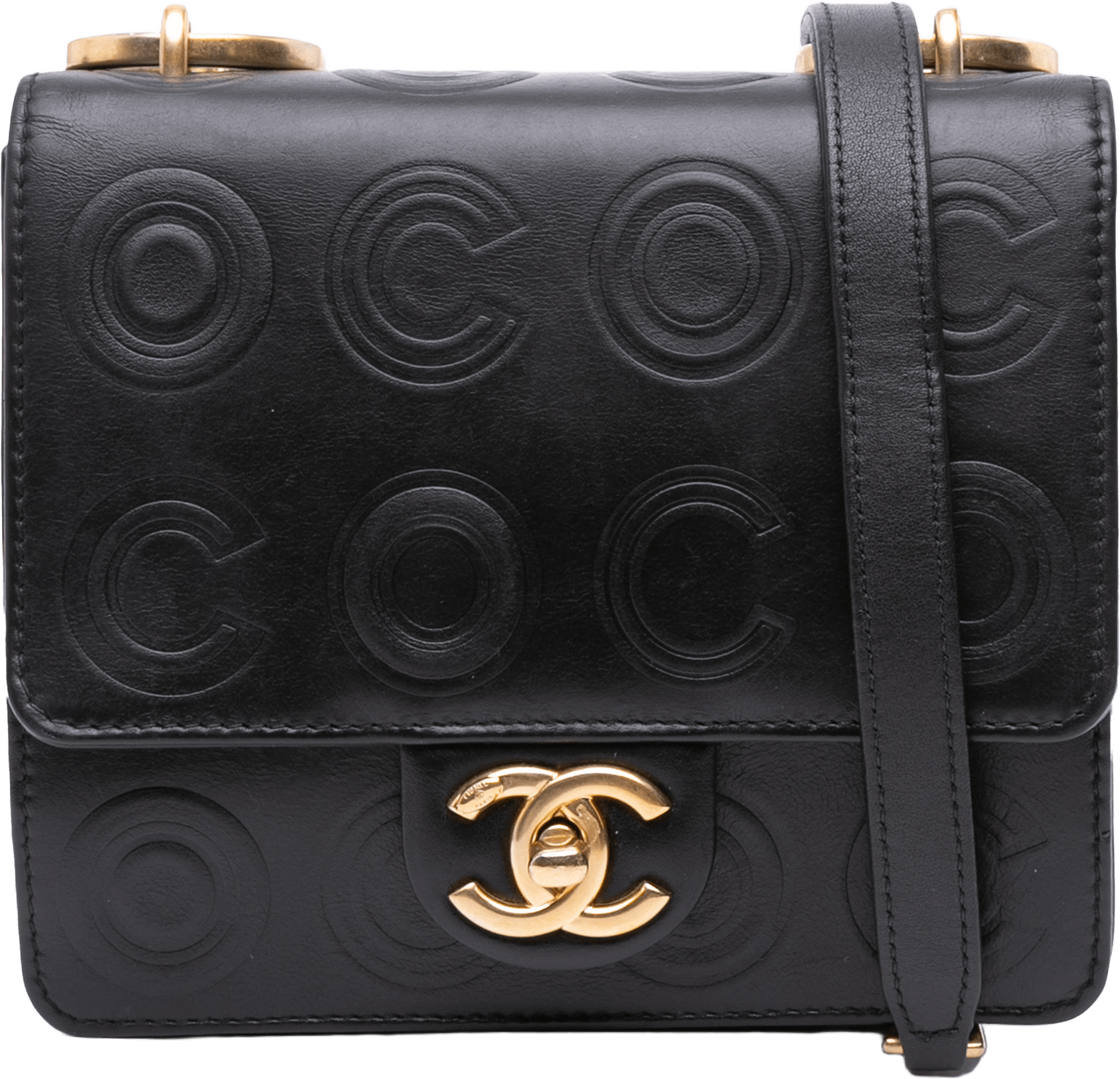 Chanel Mini Square Calfskin Coco Embossed Flap, från Luxclusif, i färgen black.