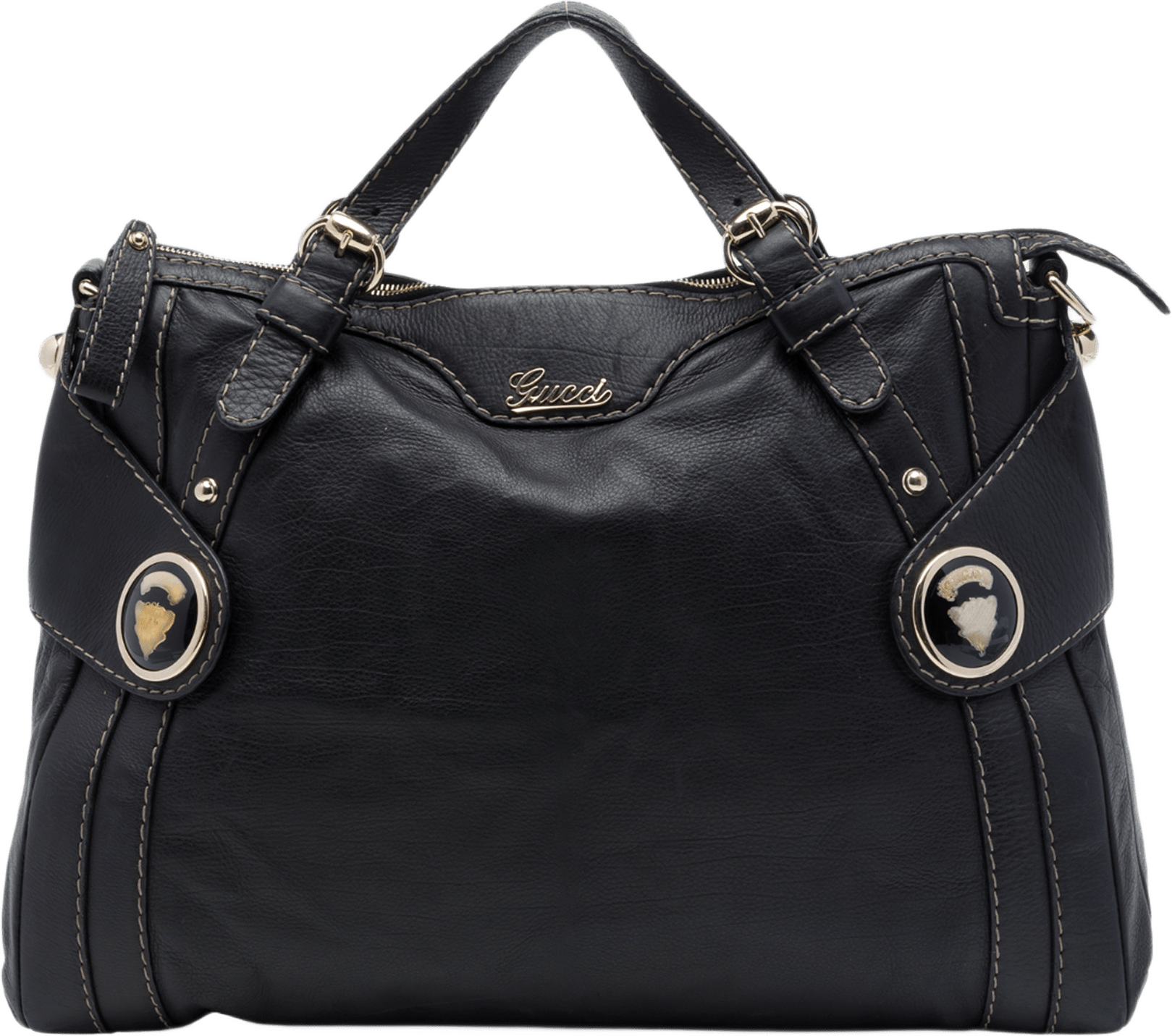 Gucci Calfskin Crest Boule Top Handle Bag, från Luxclusif, i färgen svart.